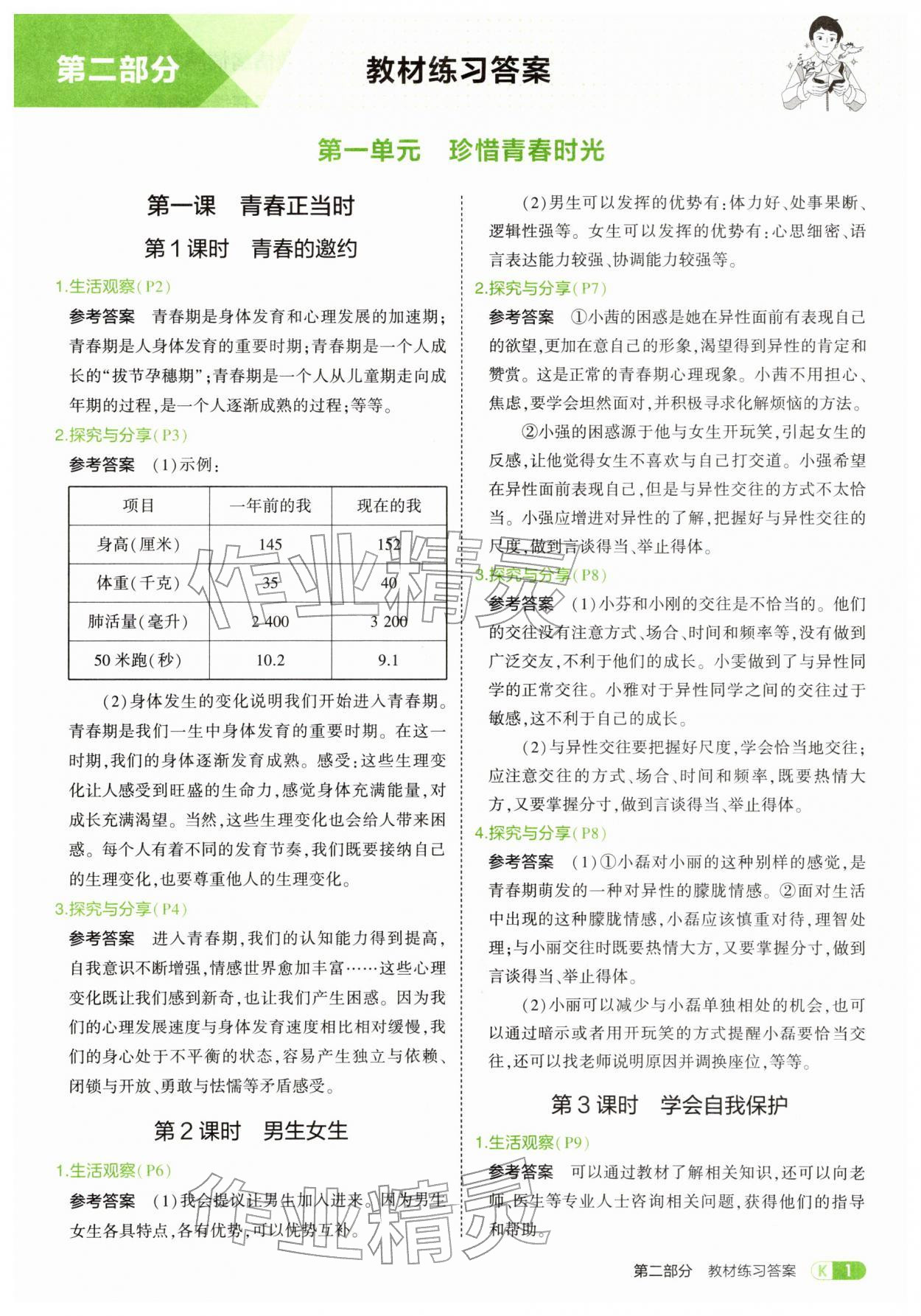 2026年教材课本七年级道德与法治下册人教版&nbsp;参考答案第1页