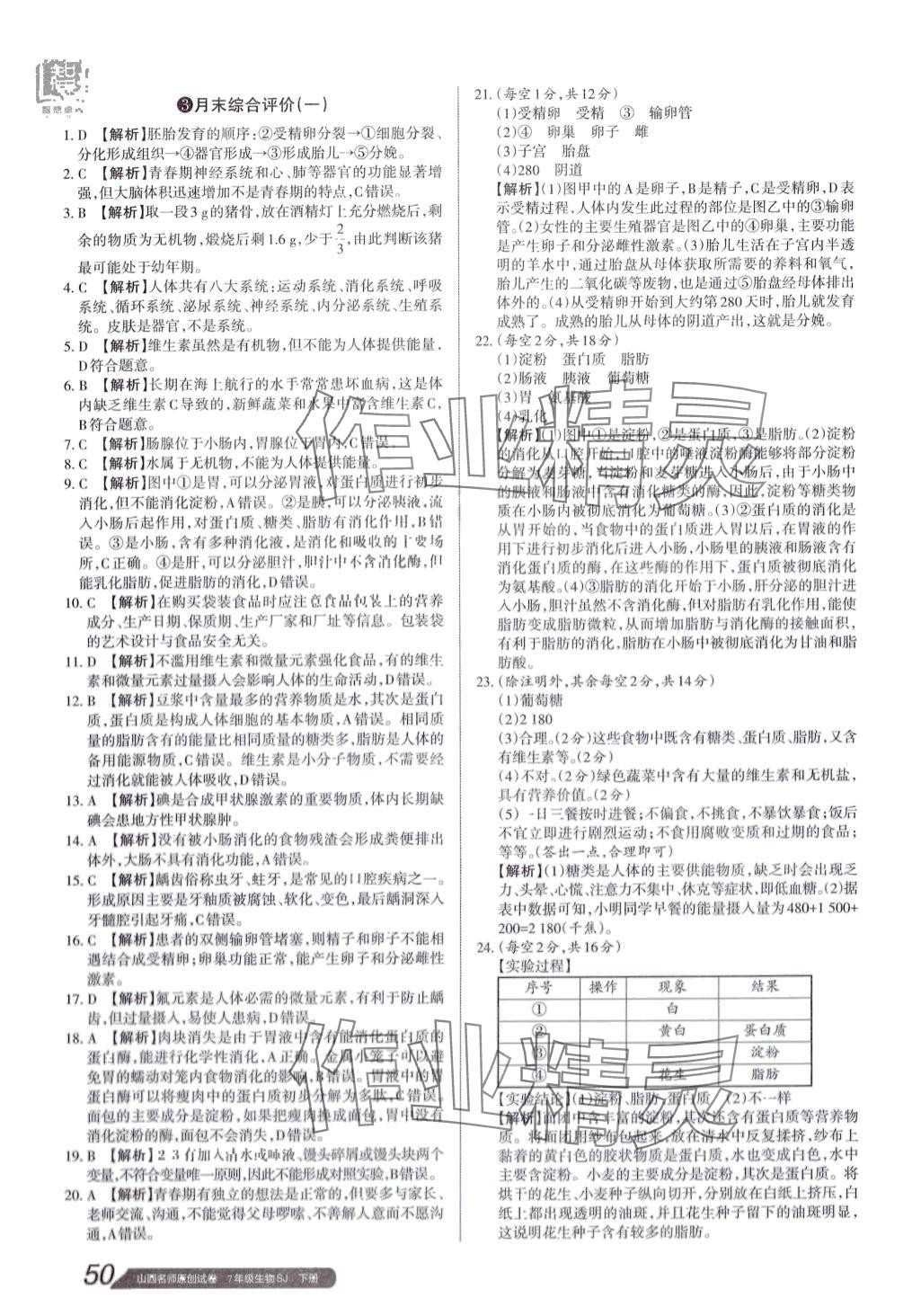 2024年山西名師原創(chuàng)試卷七年級(jí)生物下冊(cè)蘇教版 參考答案第3頁(yè)