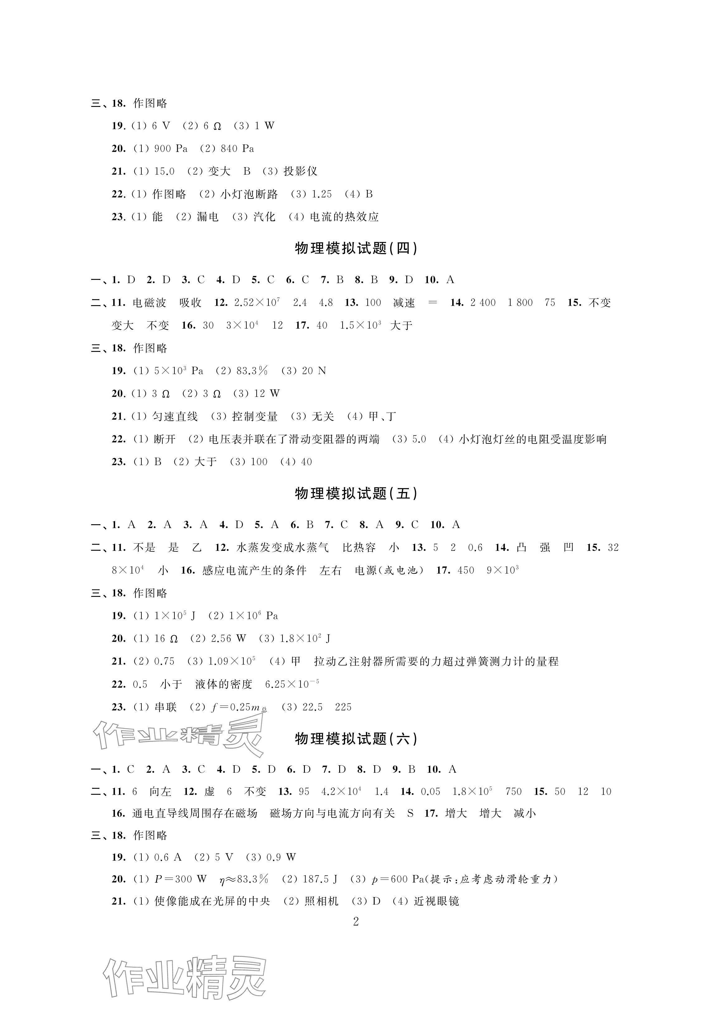 2024年决胜中考提优模拟卷物理化学 参考答案第2页
