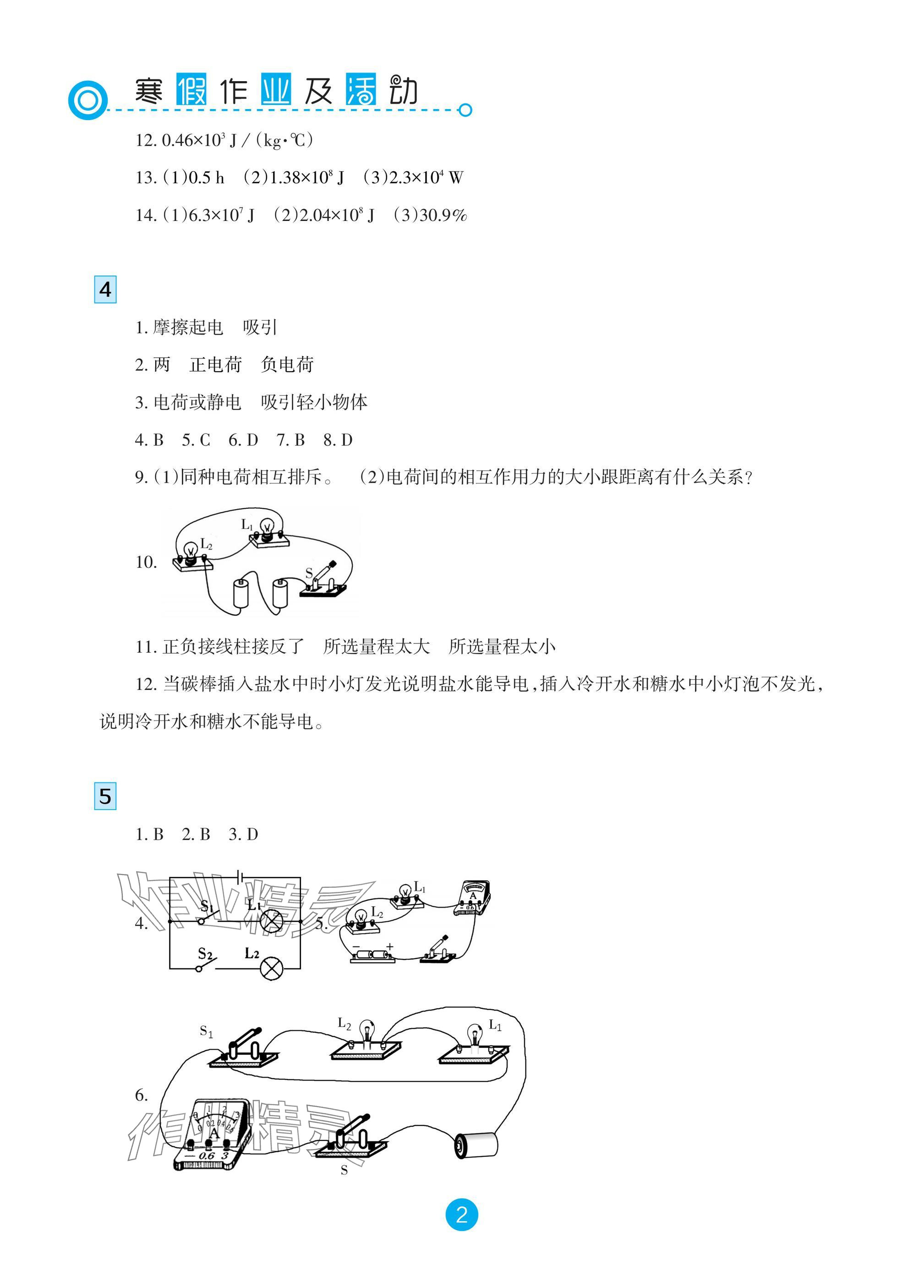 2025年寒假作業(yè)及活動九年級物理 參考答案第2頁