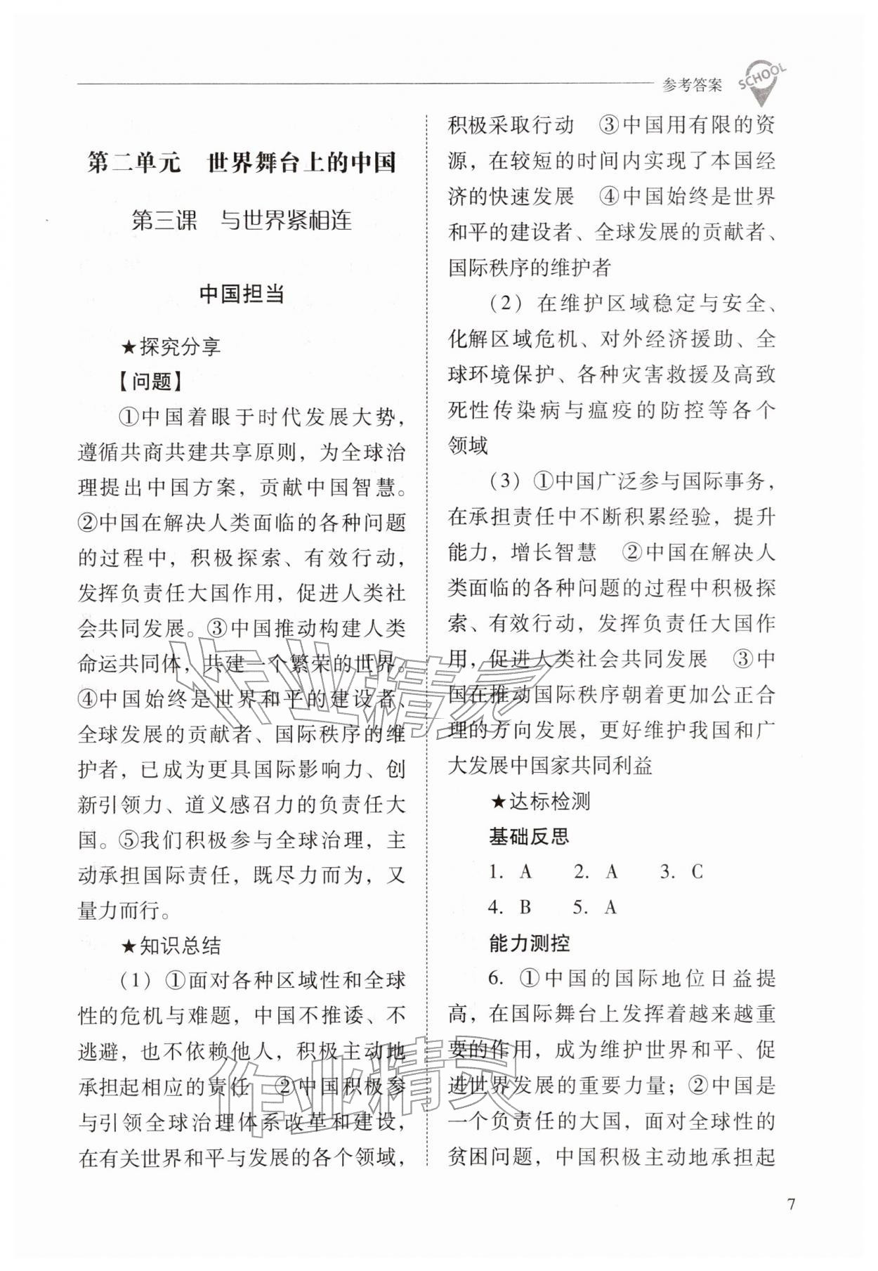 2026年新课程问题解决导学方案九年级道德与法治下册人教版&nbsp;参考答案第7页