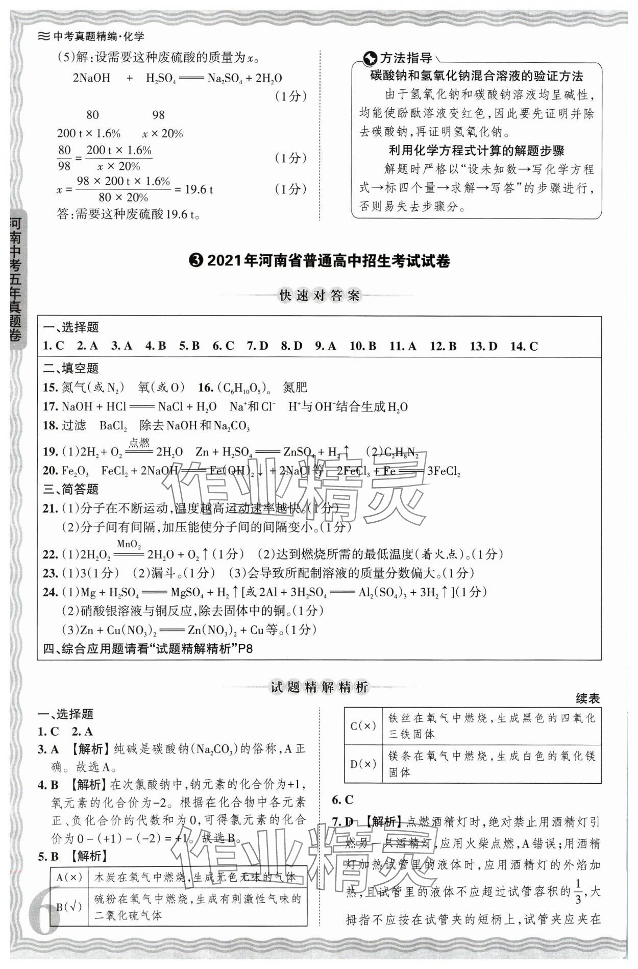 2024年王朝霞中考真题精编化学河南中考 参考答案第6页