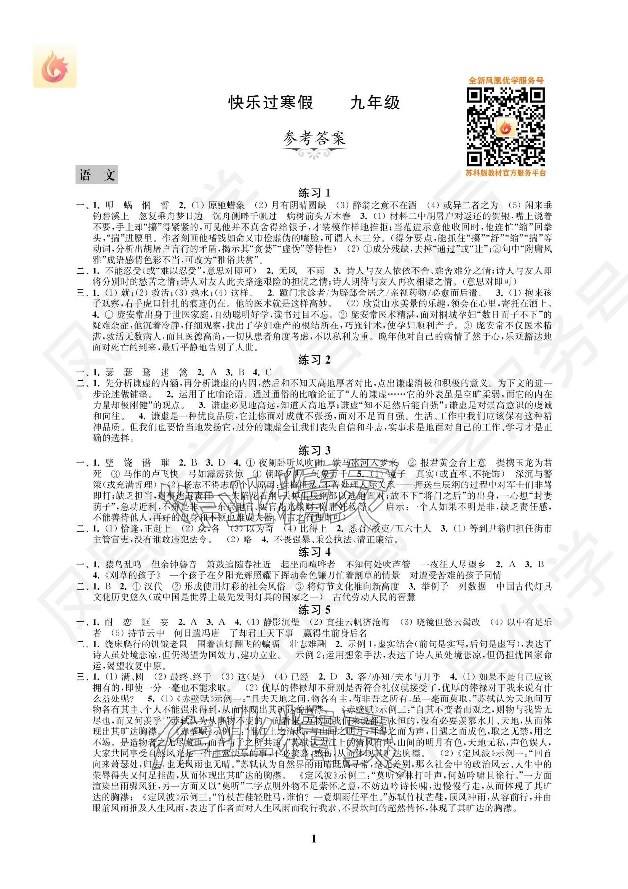 2025年快乐过寒假九年级江苏凤凰科学技术出版社 参考答案第1页