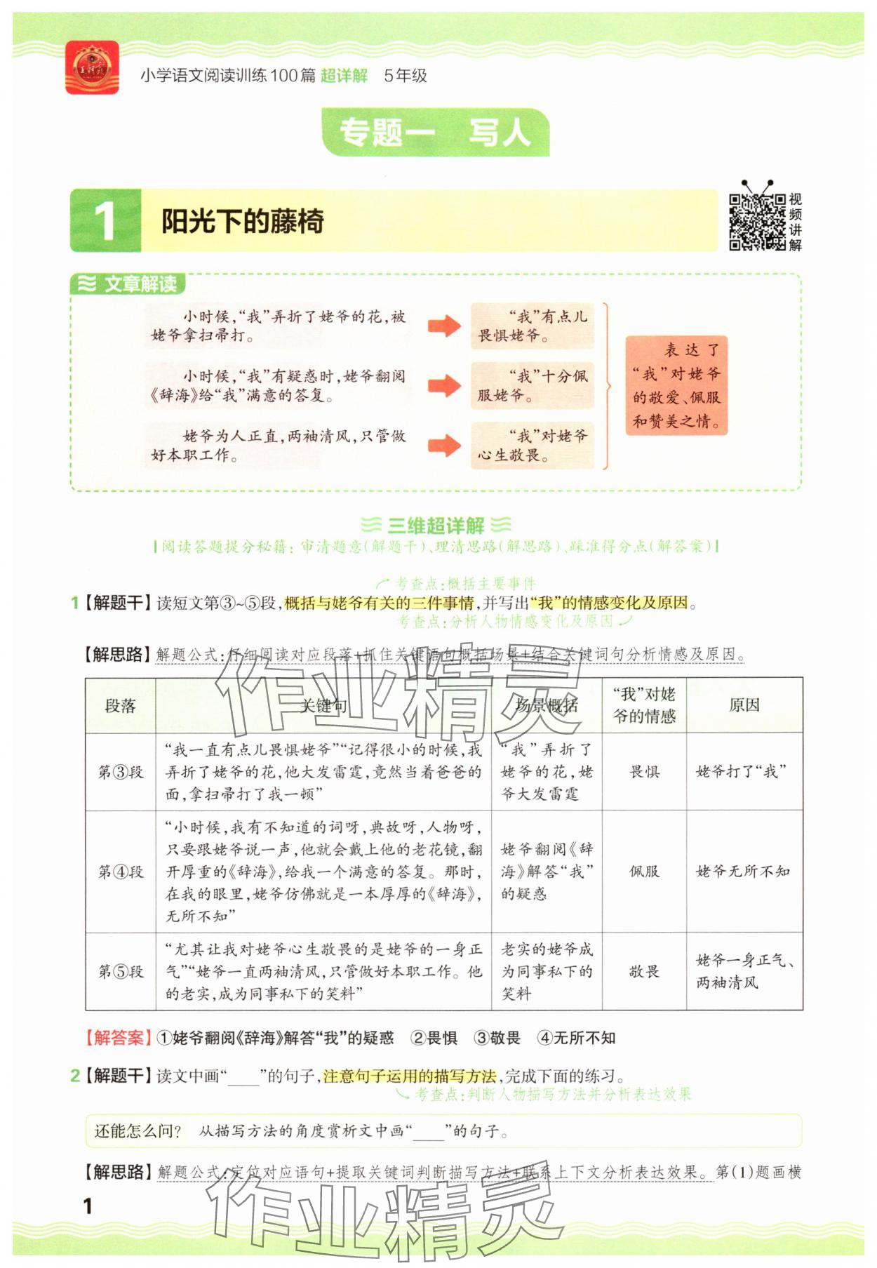 2025年王朝霞小学语文阅读训练100篇五年级 参考答案第1页