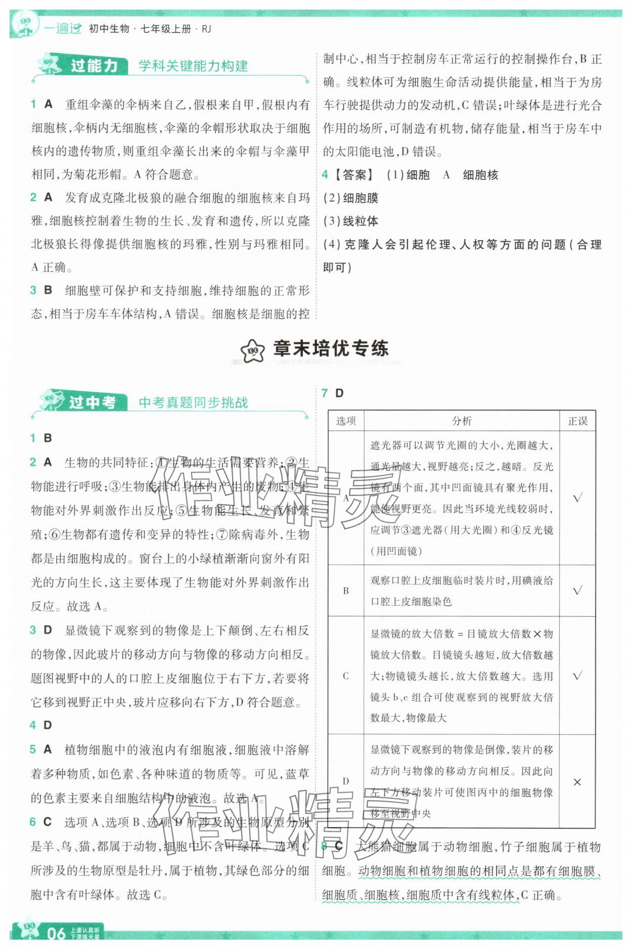 2025年一遍过七年级生物上册人教版 参考答案第6页