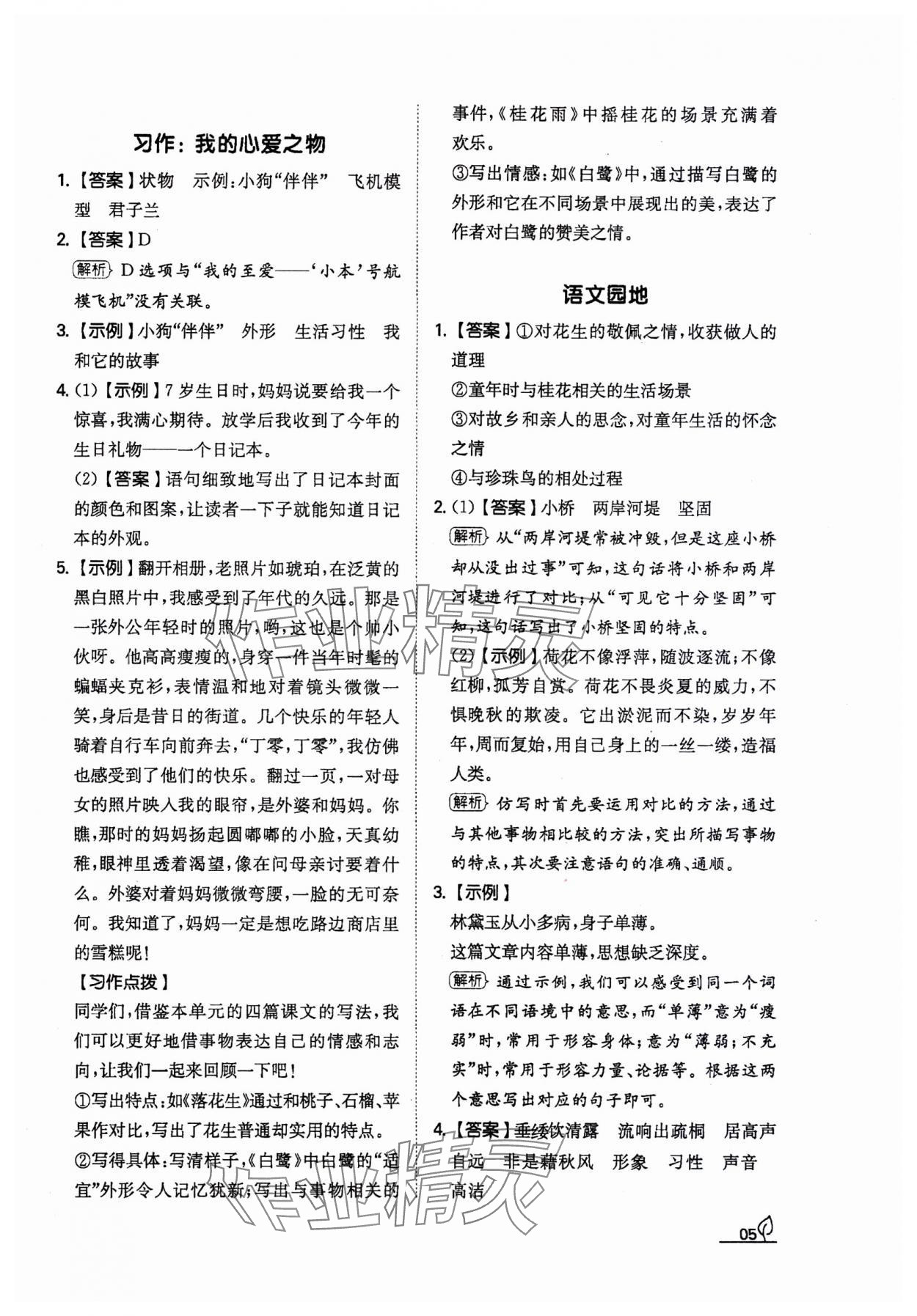 2023年一本同步訓(xùn)練五年級語文上冊人教版福建專版 參考答案第5頁