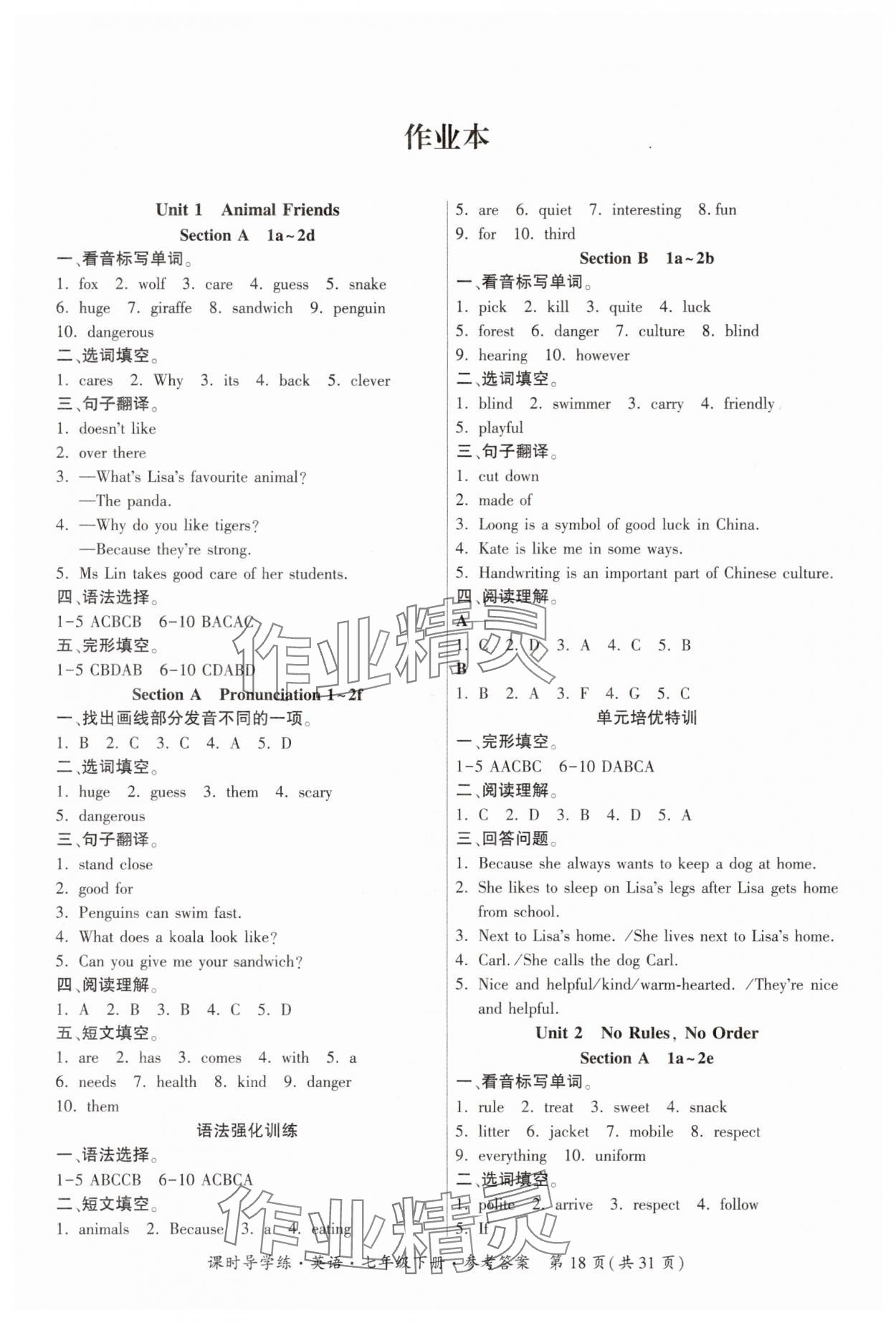 2025年課時導學練七年級英語下冊人教版廣東專版 參考答案第18頁
