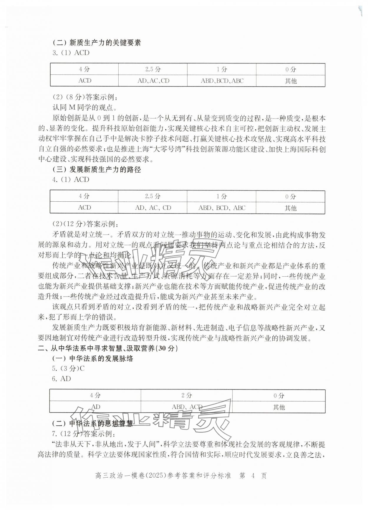 2025年文化课强化训练高考道德与法治&nbsp;参考答案第4页