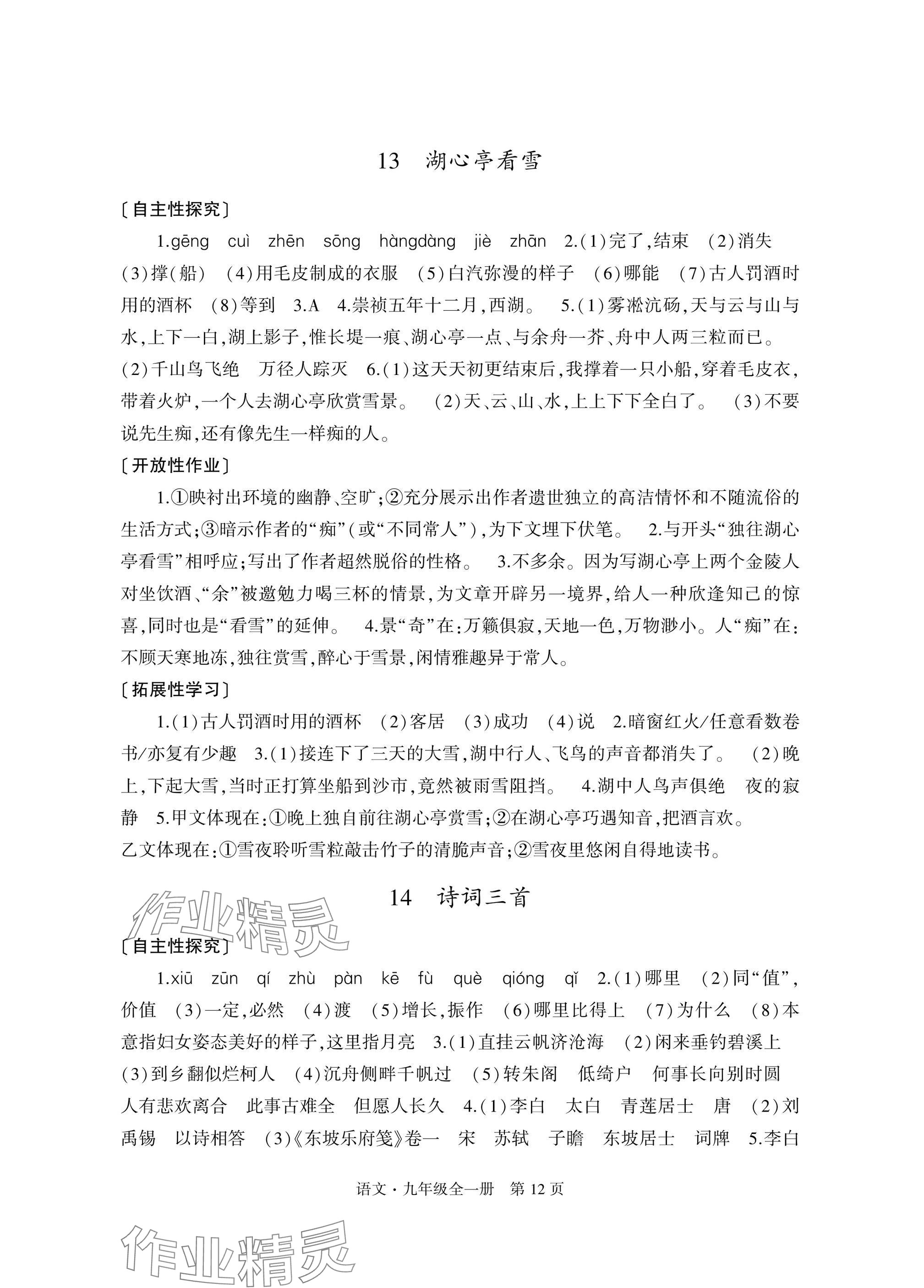2025年自主学习指导课程与测试九年级语文全一册人教版&nbsp;参考答案第12页