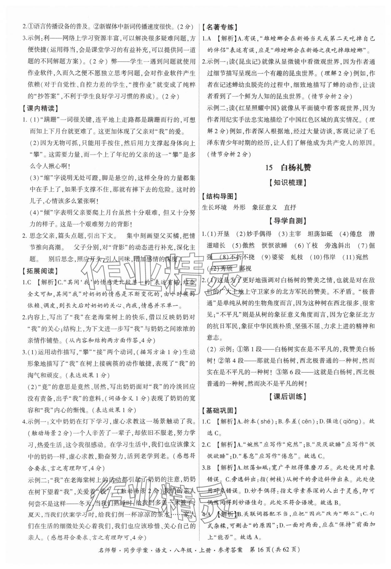 2024年名師幫同步學案八年級語文上冊人教版 參考答案第16頁