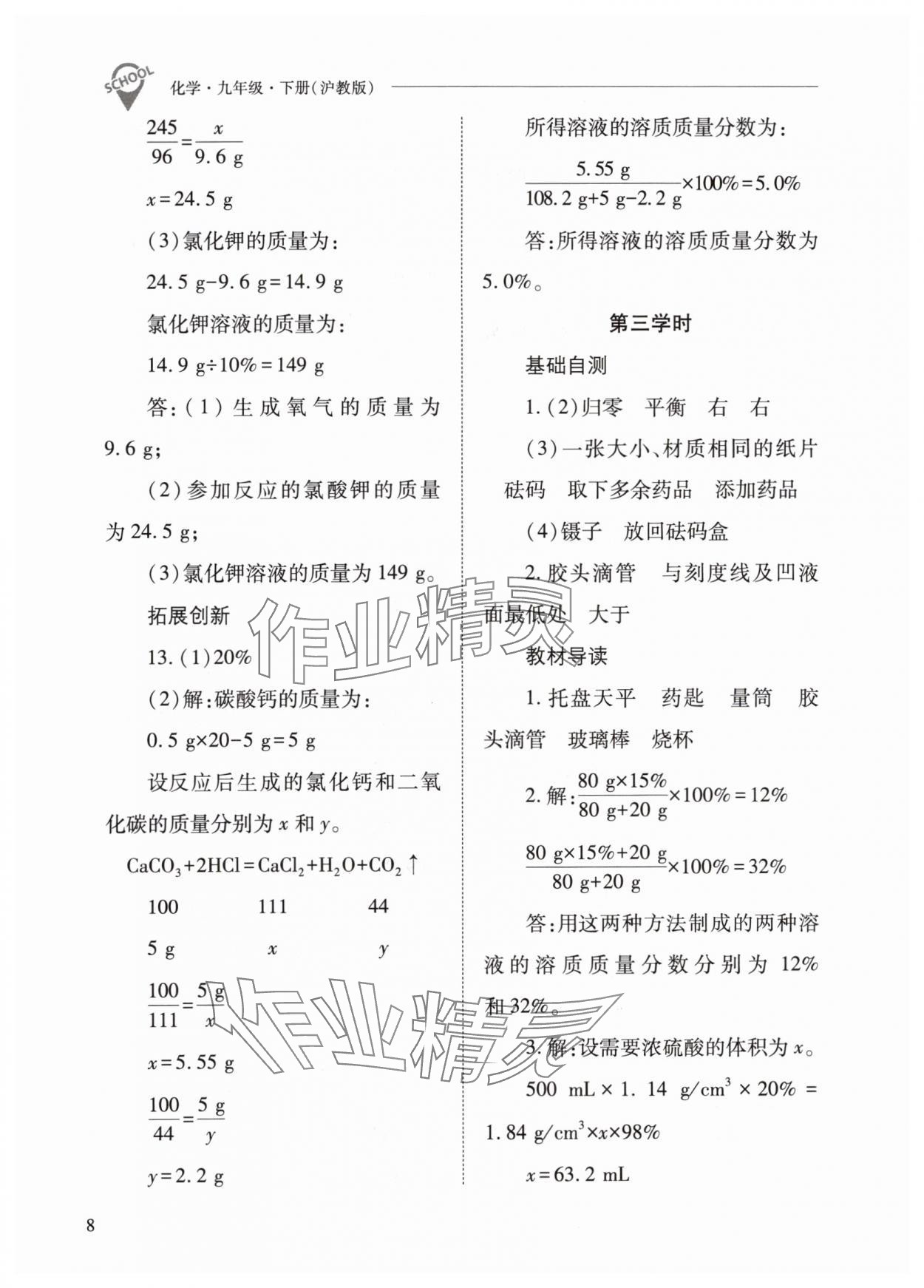 2024年新課程問題解決導學方案九年級化學下冊滬教版 參考答案第8頁