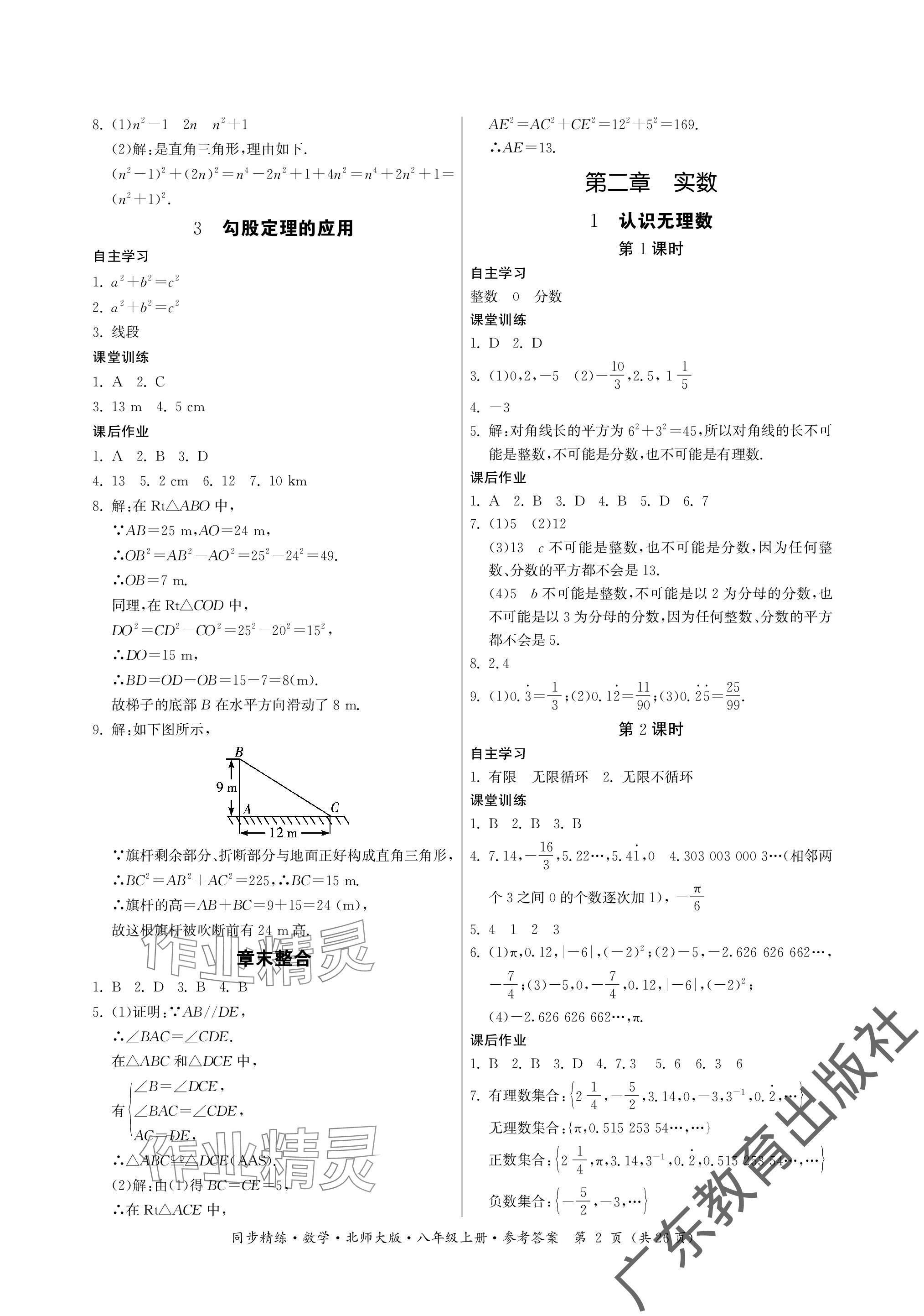 2023年同步精練廣東人民出版社八年級(jí)數(shù)學(xué)上冊(cè)北師大版深圳專版 參考答案第2頁