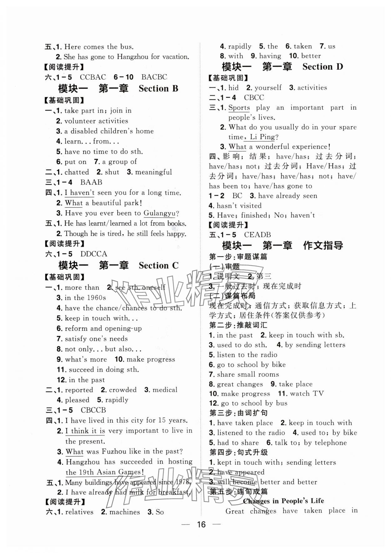 2024年陽光同學分層設計九年級英語全一冊人教版福建專版 參考答案第16頁