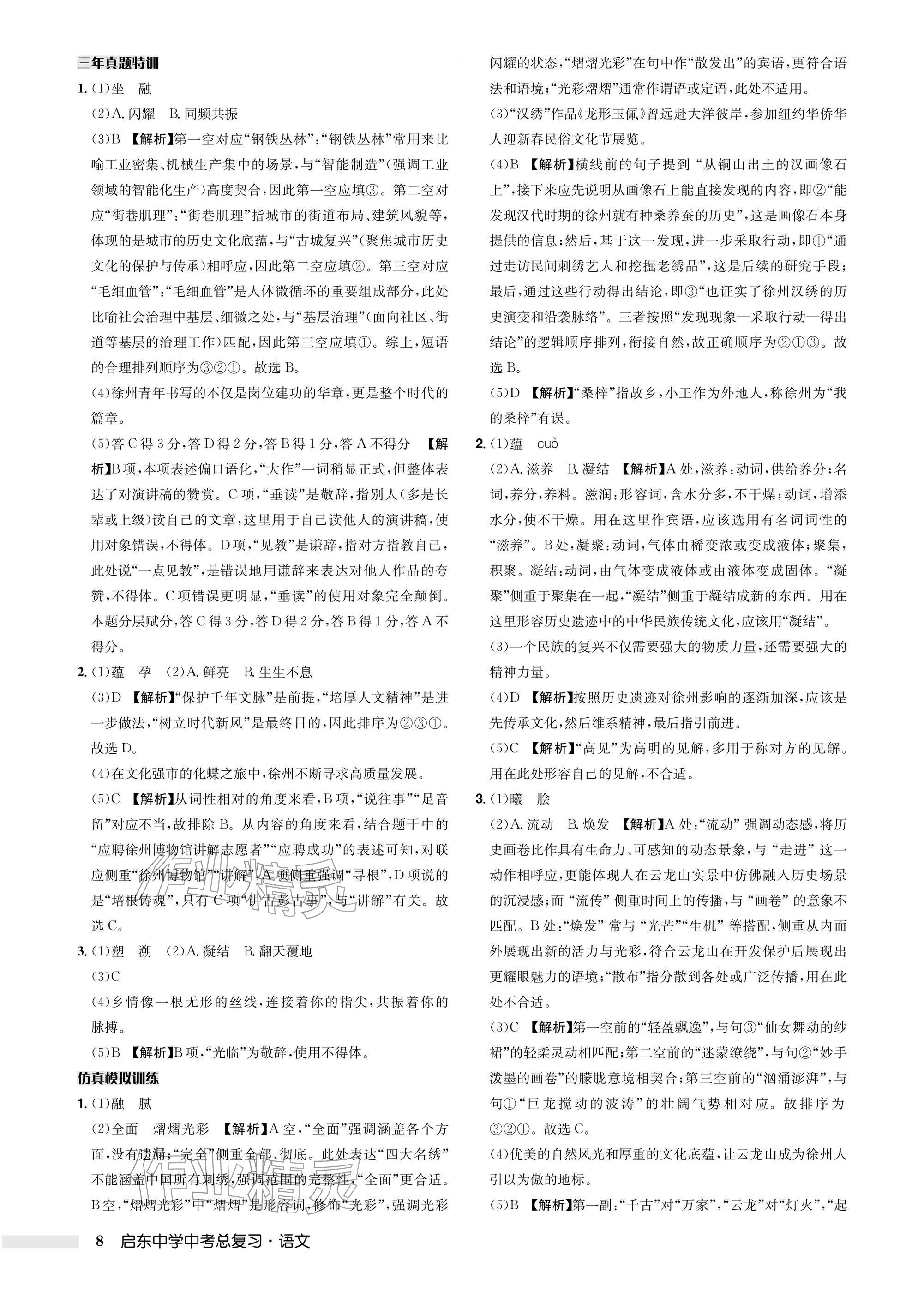 2026年启东中学中考总复习语文徐州专版&nbsp;参考答案第8页