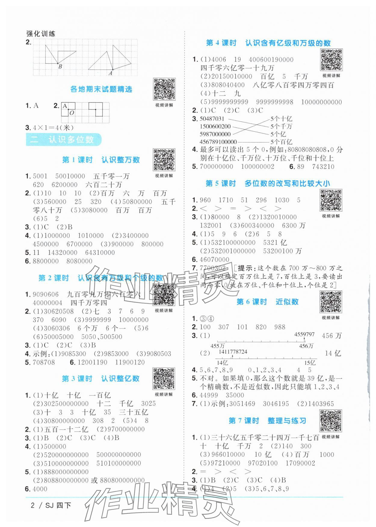 2024年阳光同学课时优化作业四年级数学下册苏教版 参考答案第2页