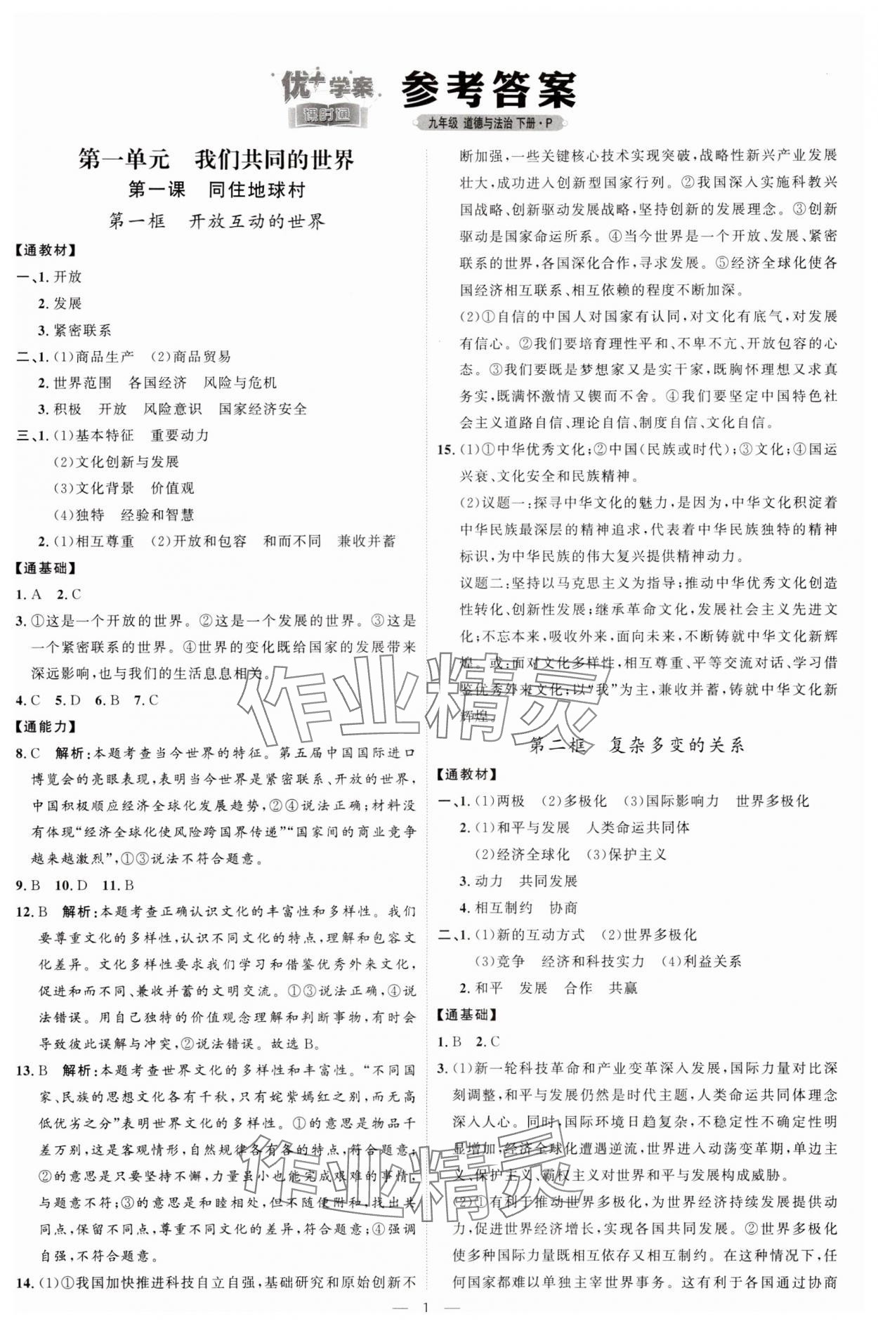 2024年优加学案课时通九年级道德与法治下册人教版 参考答案第1页