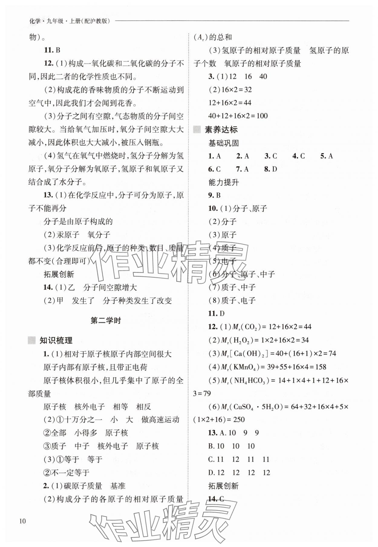 2025年新课程问题解决导学方案九年级化学上册沪教版&nbsp;参考答案第10页