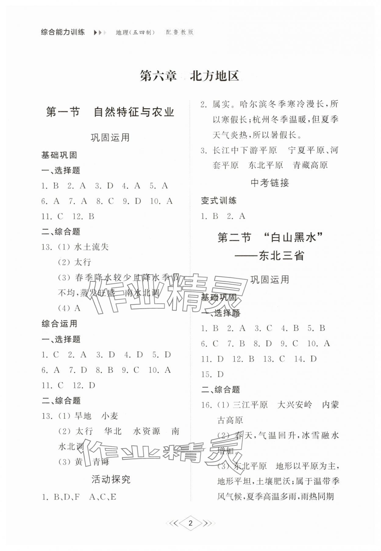 2025年綜合能力訓(xùn)練七年級(jí)地理下冊(cè)魯教版54制 參考答案第2頁