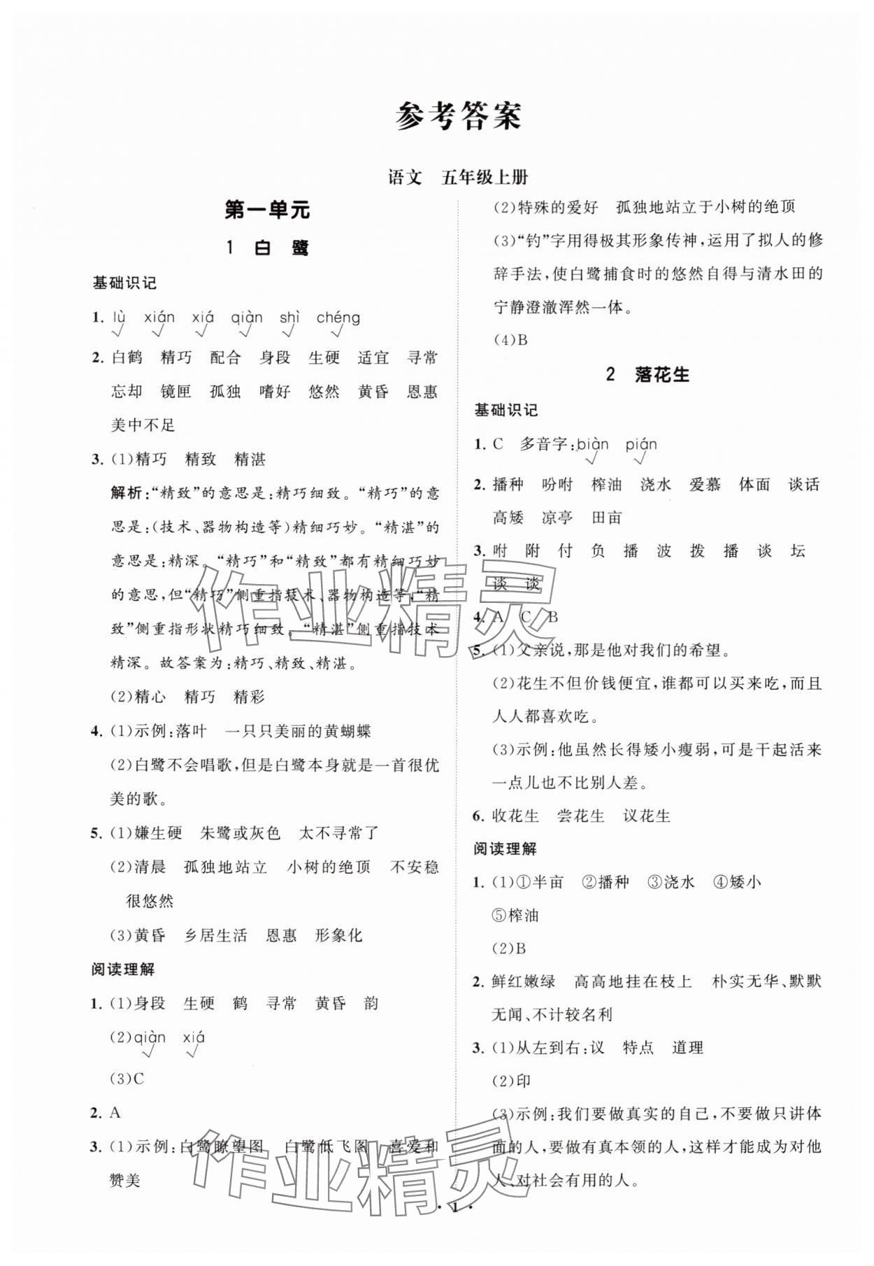 2025年同步练习册分层指导五年级语文上册人教版 参考答案第1页