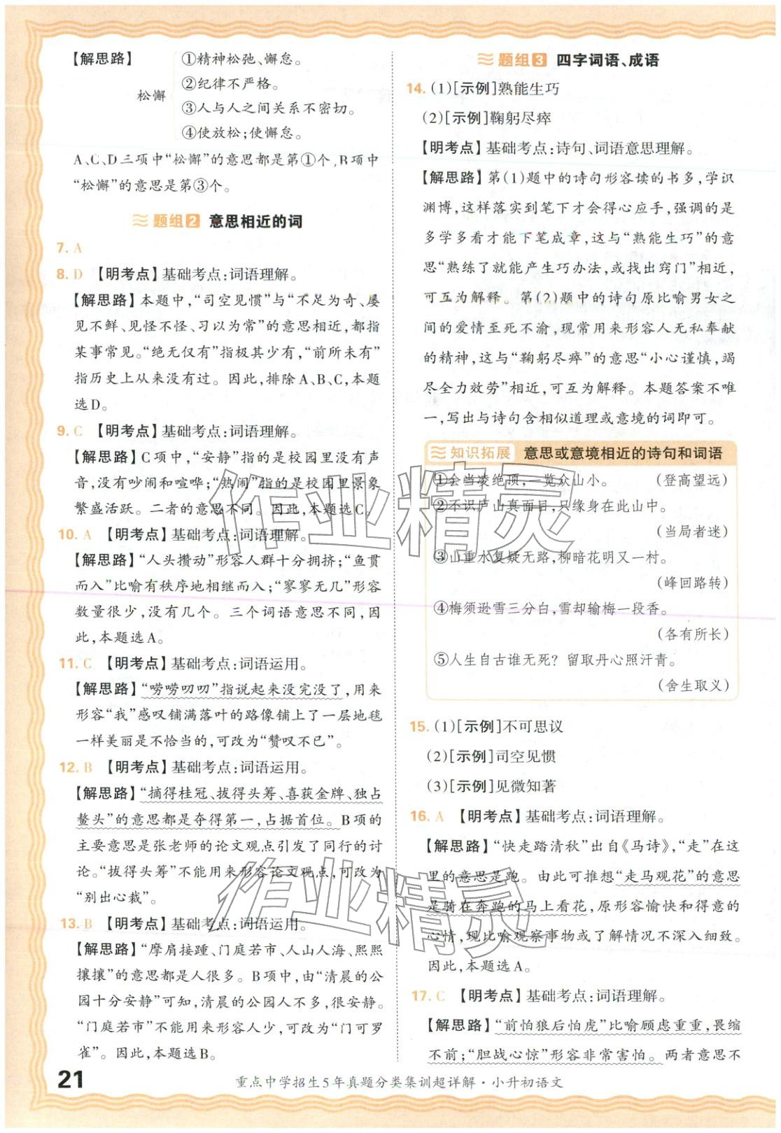 2026年重点中学招生5年真题分类集训小升初语文&nbsp;第21页