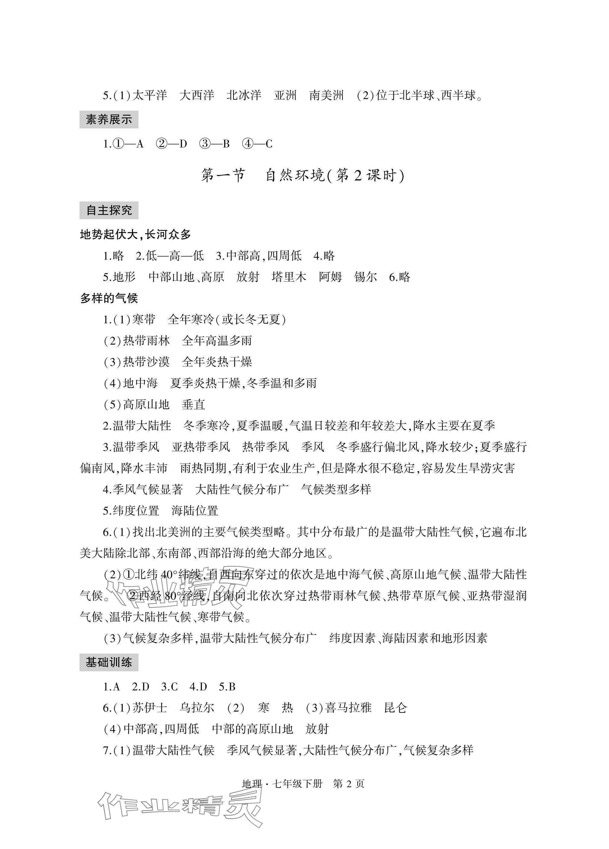 2025年自主學習指導課程與測試七年級地理下冊人教版 參考答案第2頁
