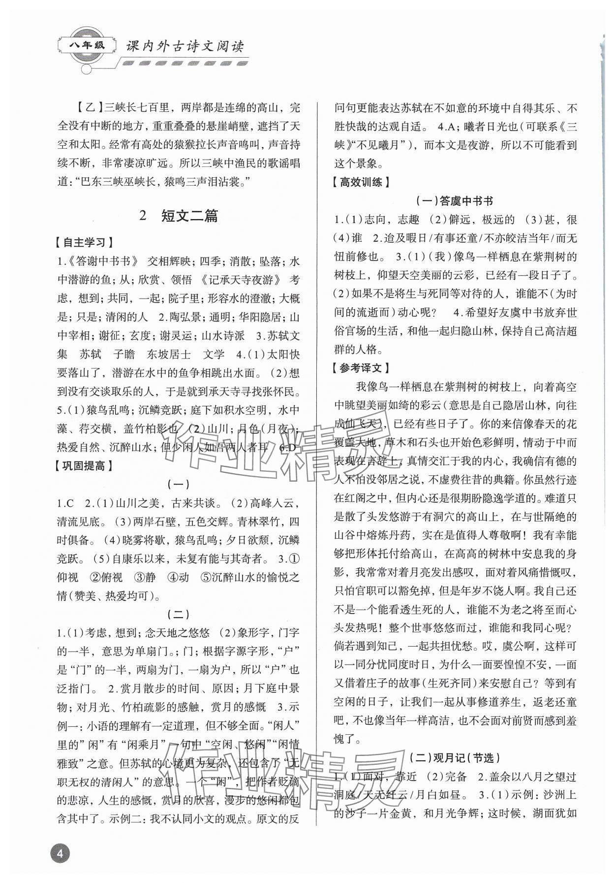 2023年專題攻略課內外古詩文閱讀高效訓練八年級 參考答案第3頁