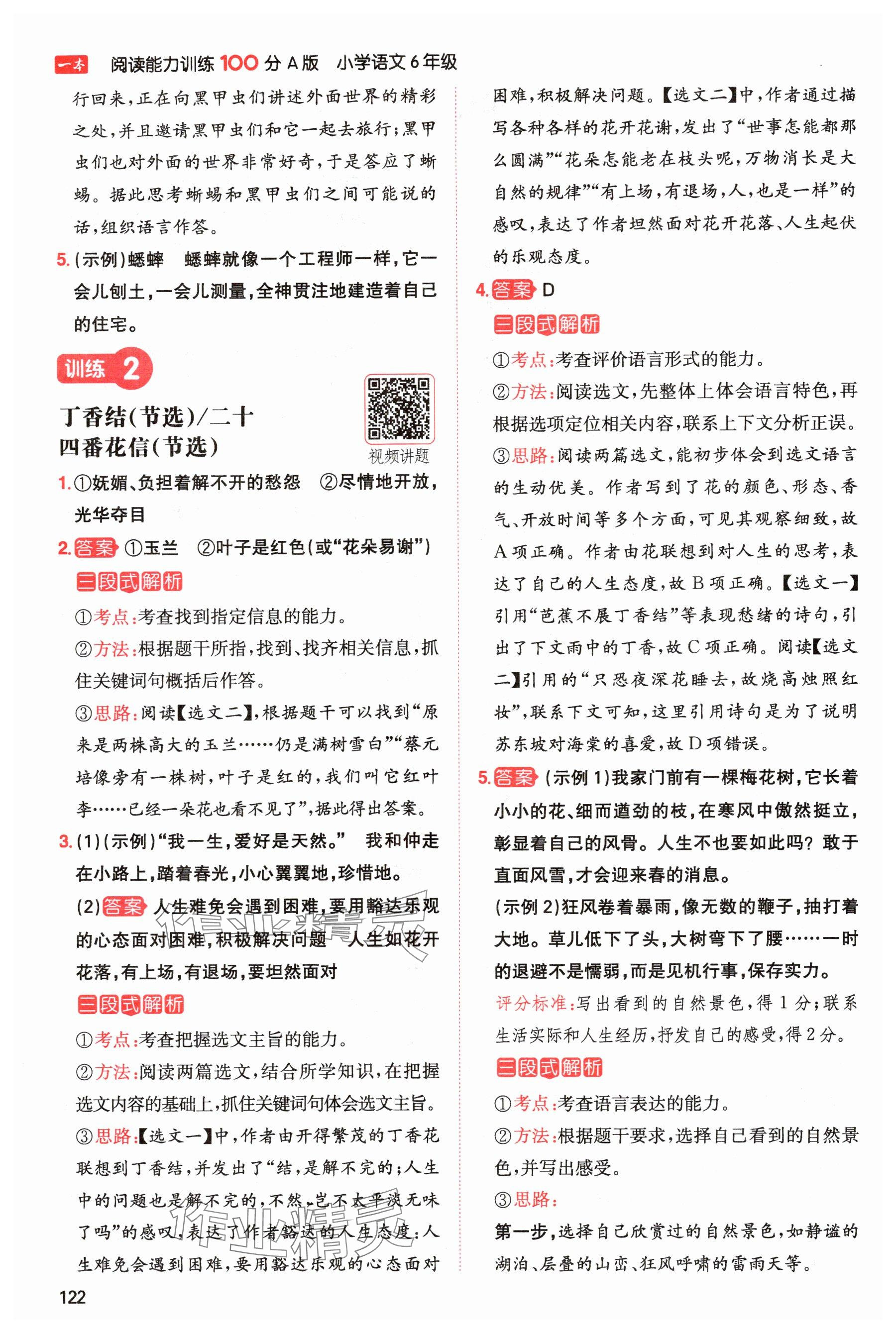 2024年一本閱讀能力訓(xùn)練100分六年級(jí)語文上冊(cè)人教版浙江專版 參考答案第2頁