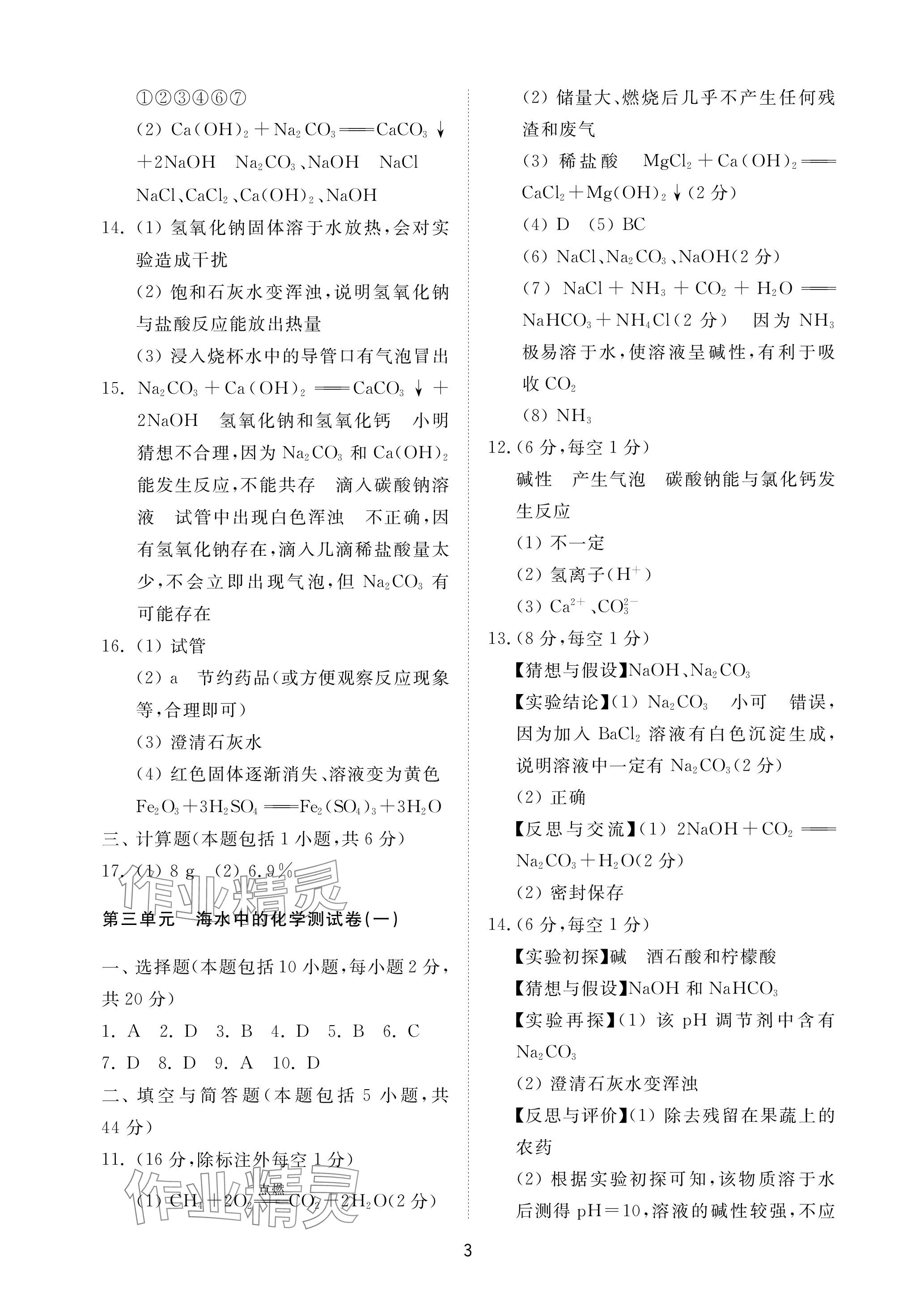2023年同步練習(xí)冊配套檢測卷九年級化學(xué)上冊魯教版五四制 參考答案第3頁