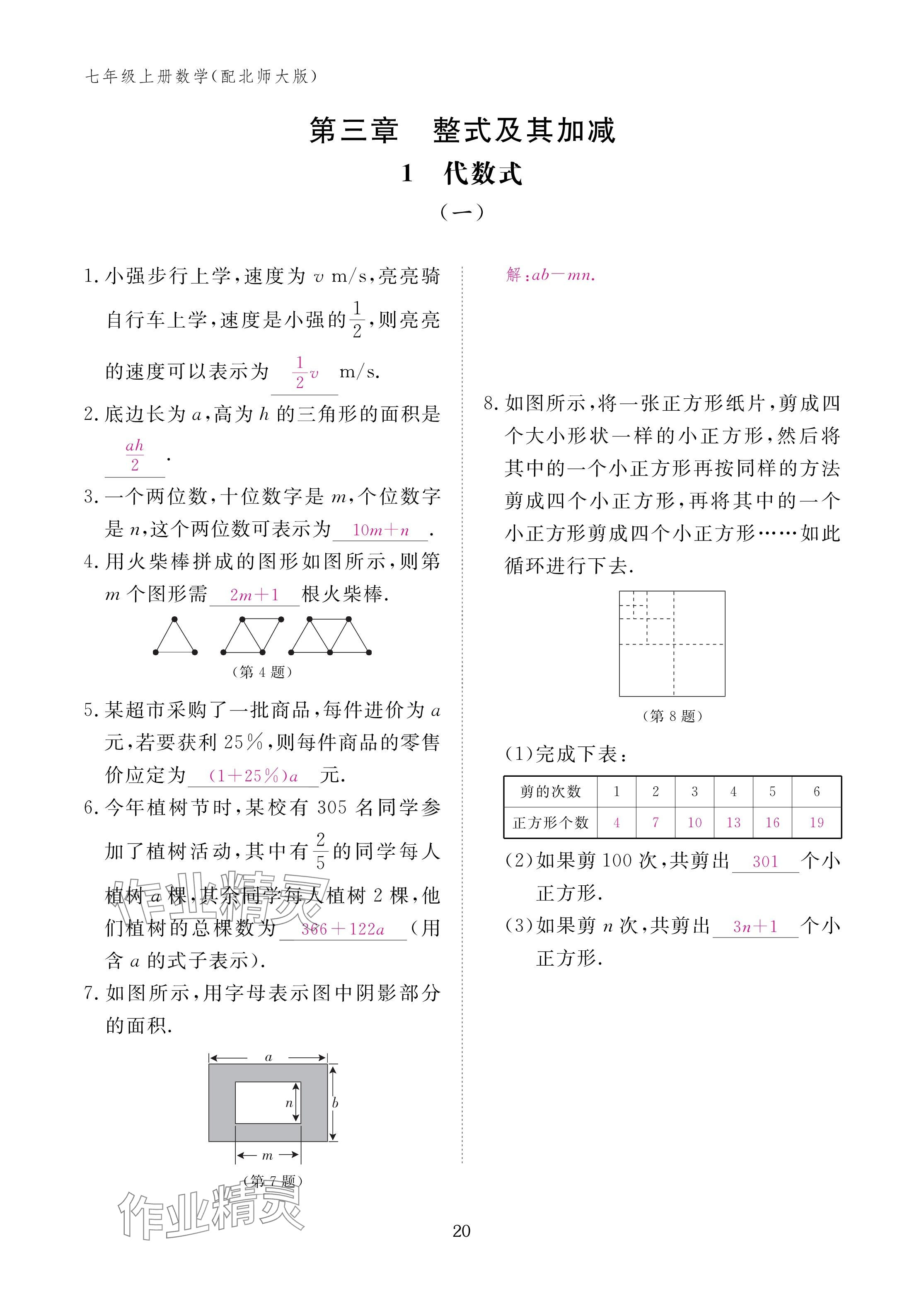 2024年作业本江西教育出版社七年级数学上册北师大版 第20页