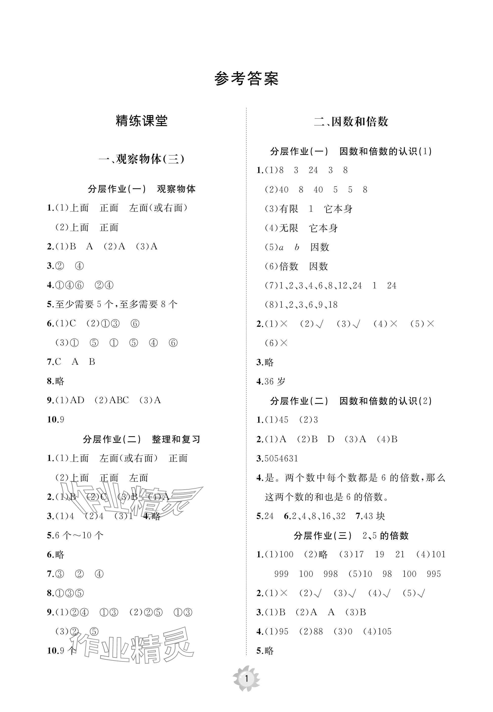 2025年同步練習冊智慧作業五年級數學下冊人教版 參考答案第1頁
