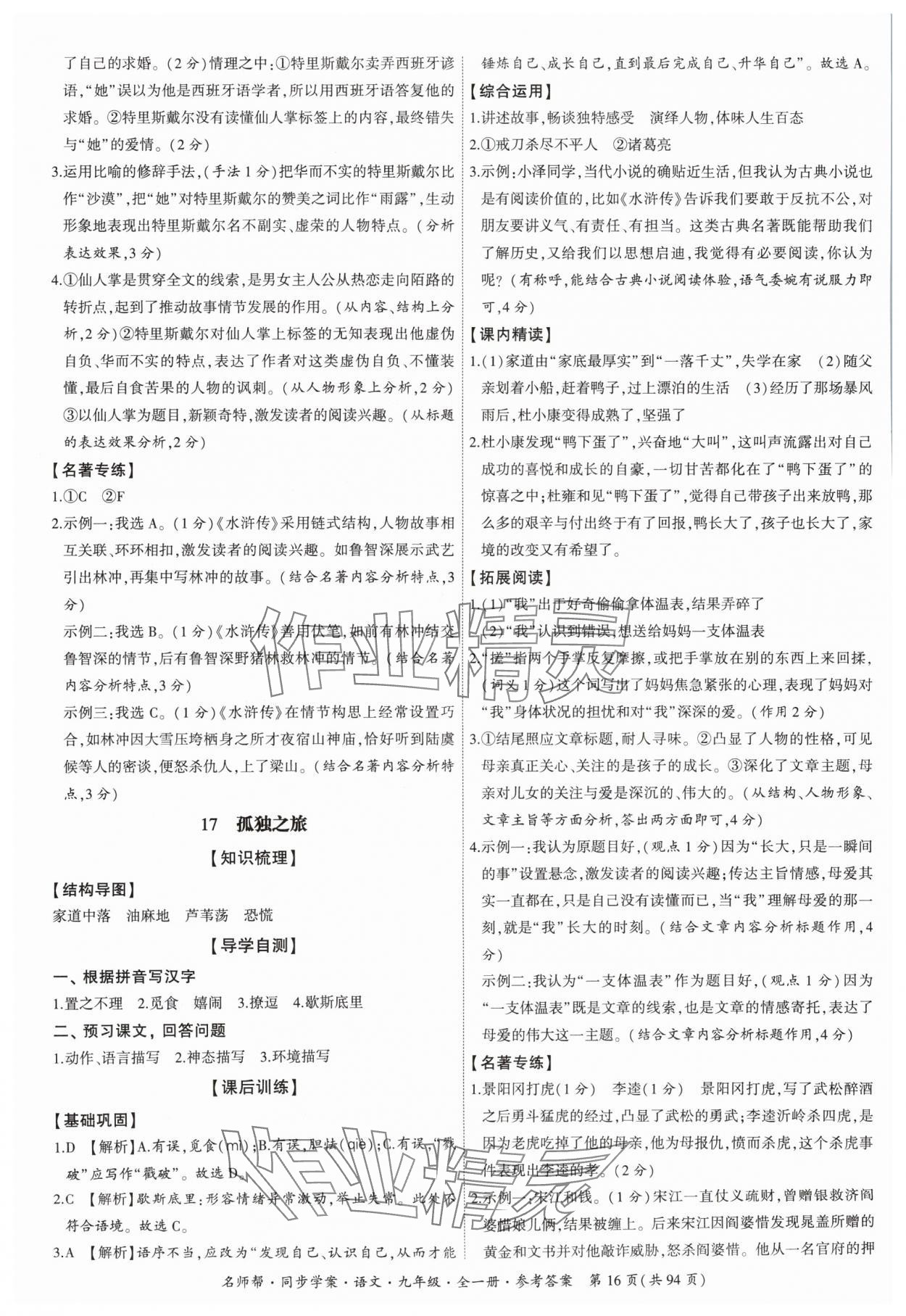 2024年名師幫同步學(xué)案九年級語文全一冊人教版 參考答案第16頁