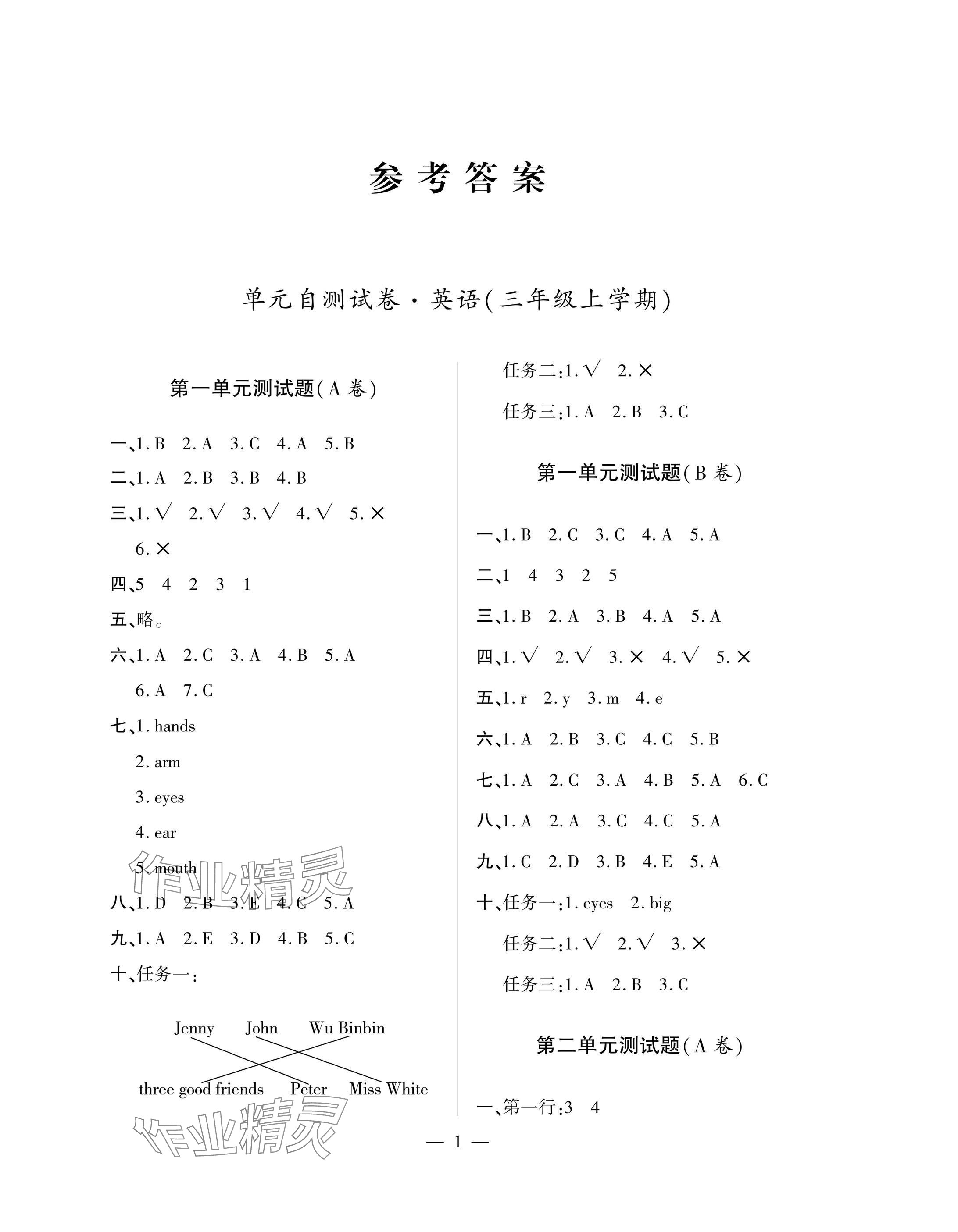 2025年单元自测试卷三年级英语上册人教版 参考答案第1页