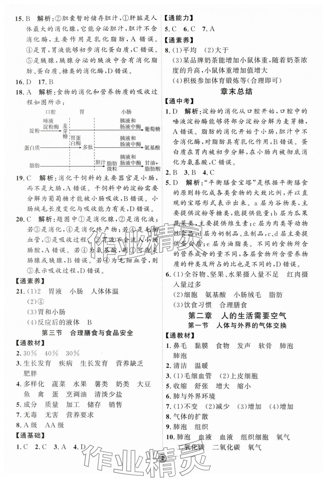 2024年优加学案课时通七年级生物下册济南版J版 参考答案第2页