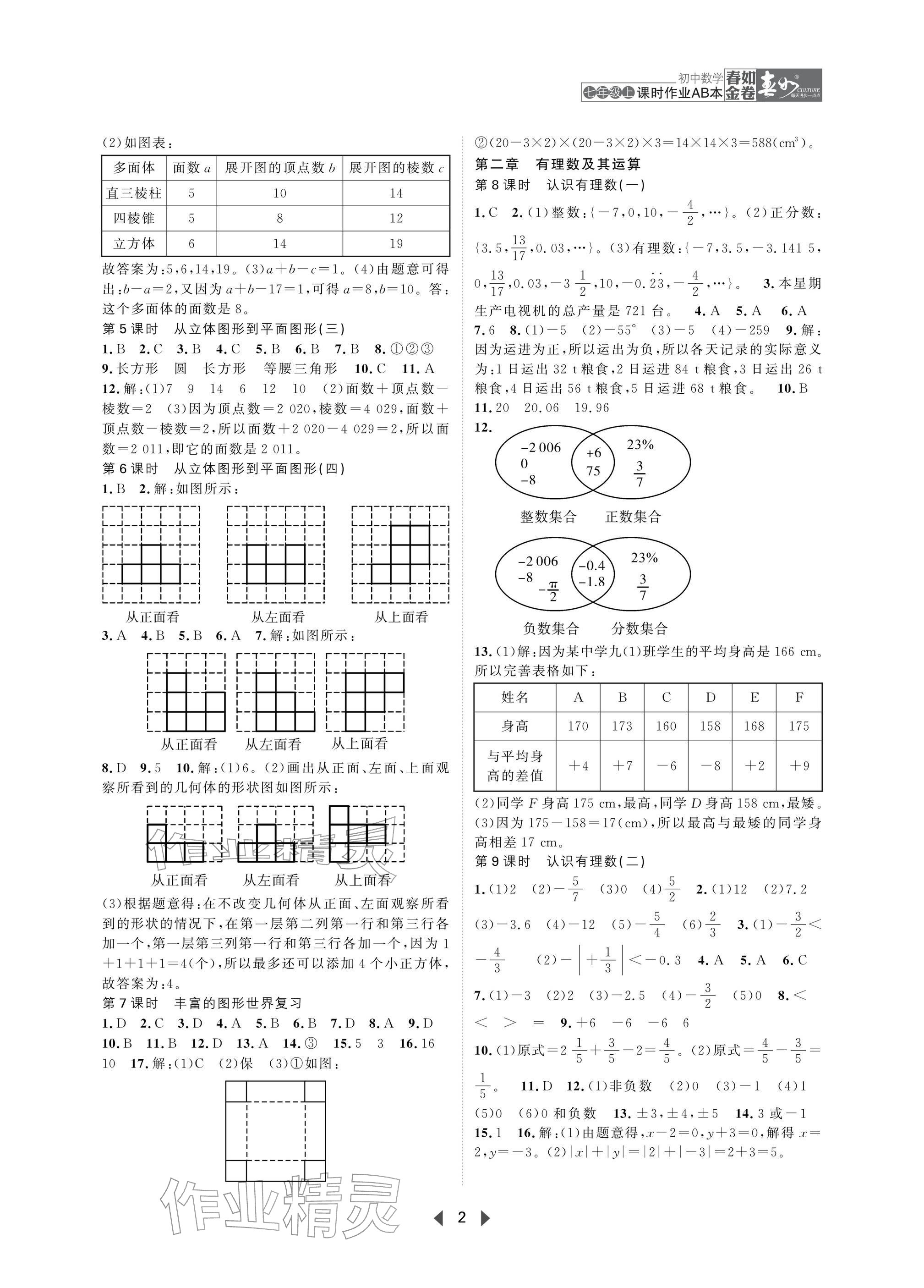 2025年春如金卷课时作业AB本七年级数学上册北师大版 参考答案第2页