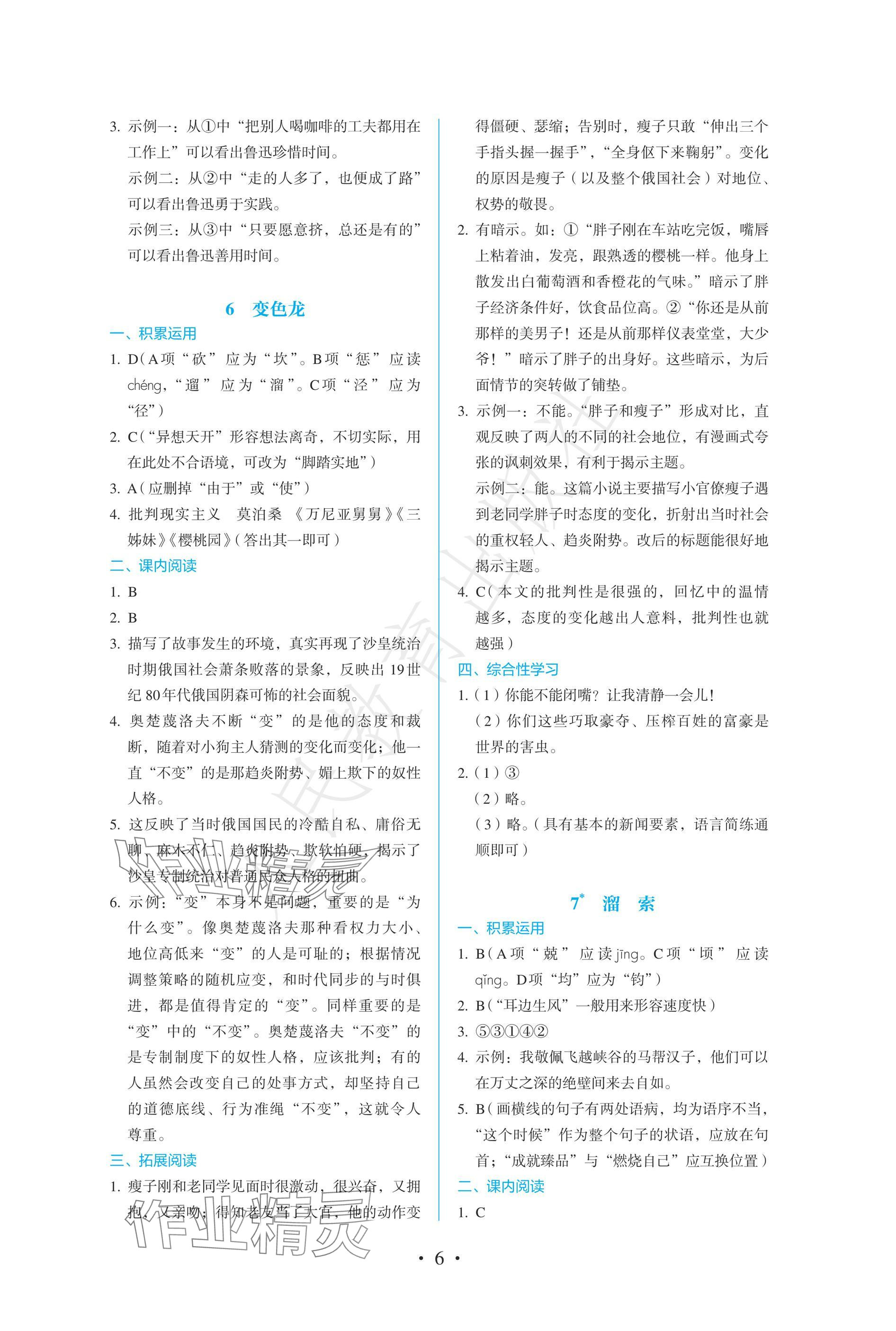 2025年人教金學(xué)典同步練習(xí)冊同步解析與測評九年級語文下冊人教版精編版 參考答案第6頁