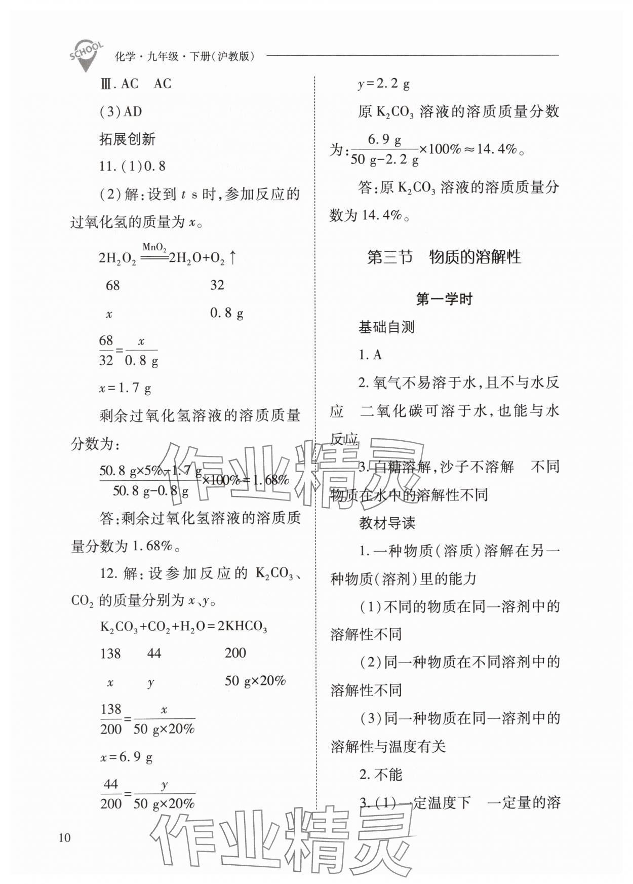 2024年新課程問(wèn)題解決導(dǎo)學(xué)方案九年級(jí)化學(xué)下冊(cè)滬教版 參考答案第10頁(yè)