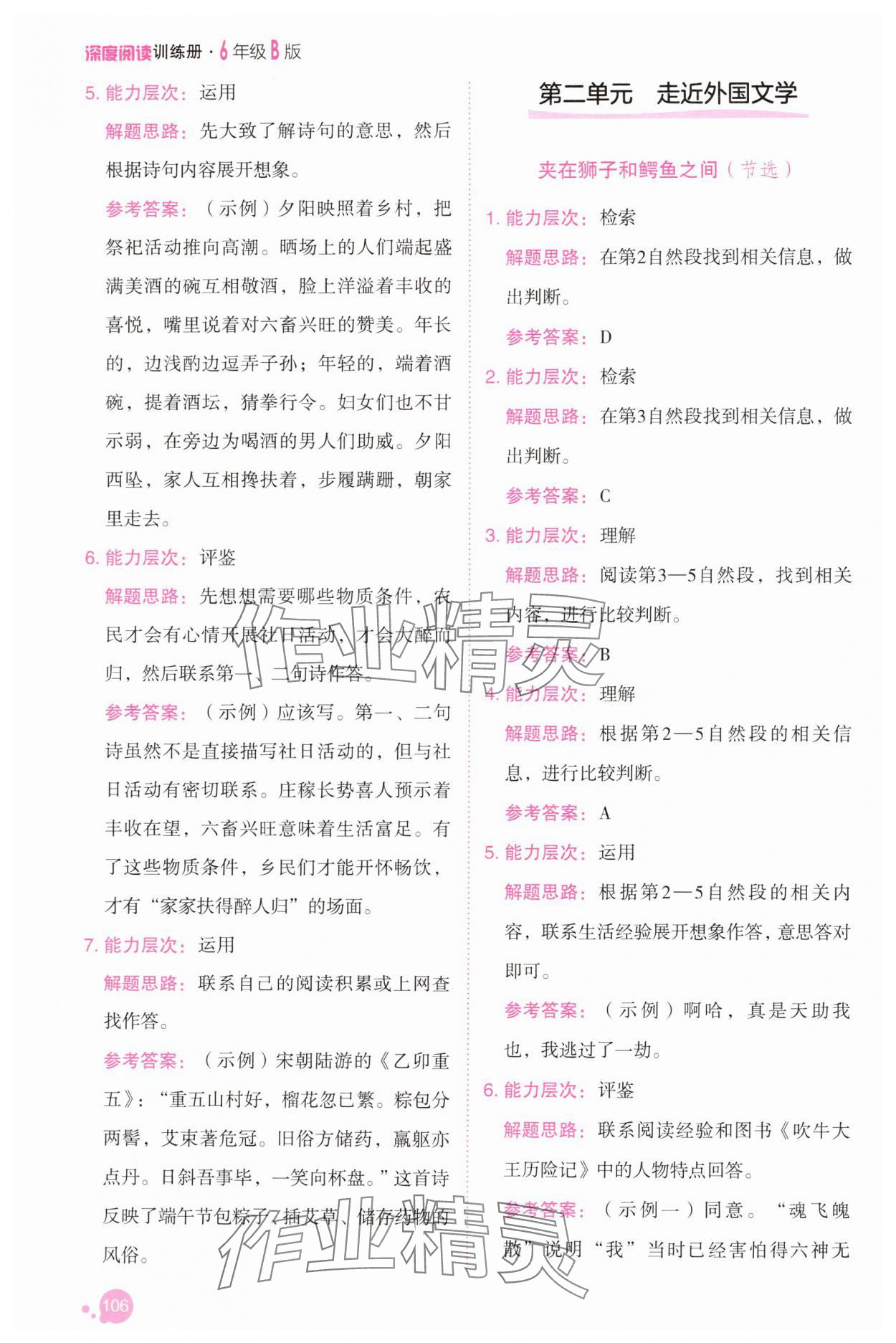 2025年深度閱讀訓練冊六年級語文下冊人教B版福建專版 參考答案第4頁