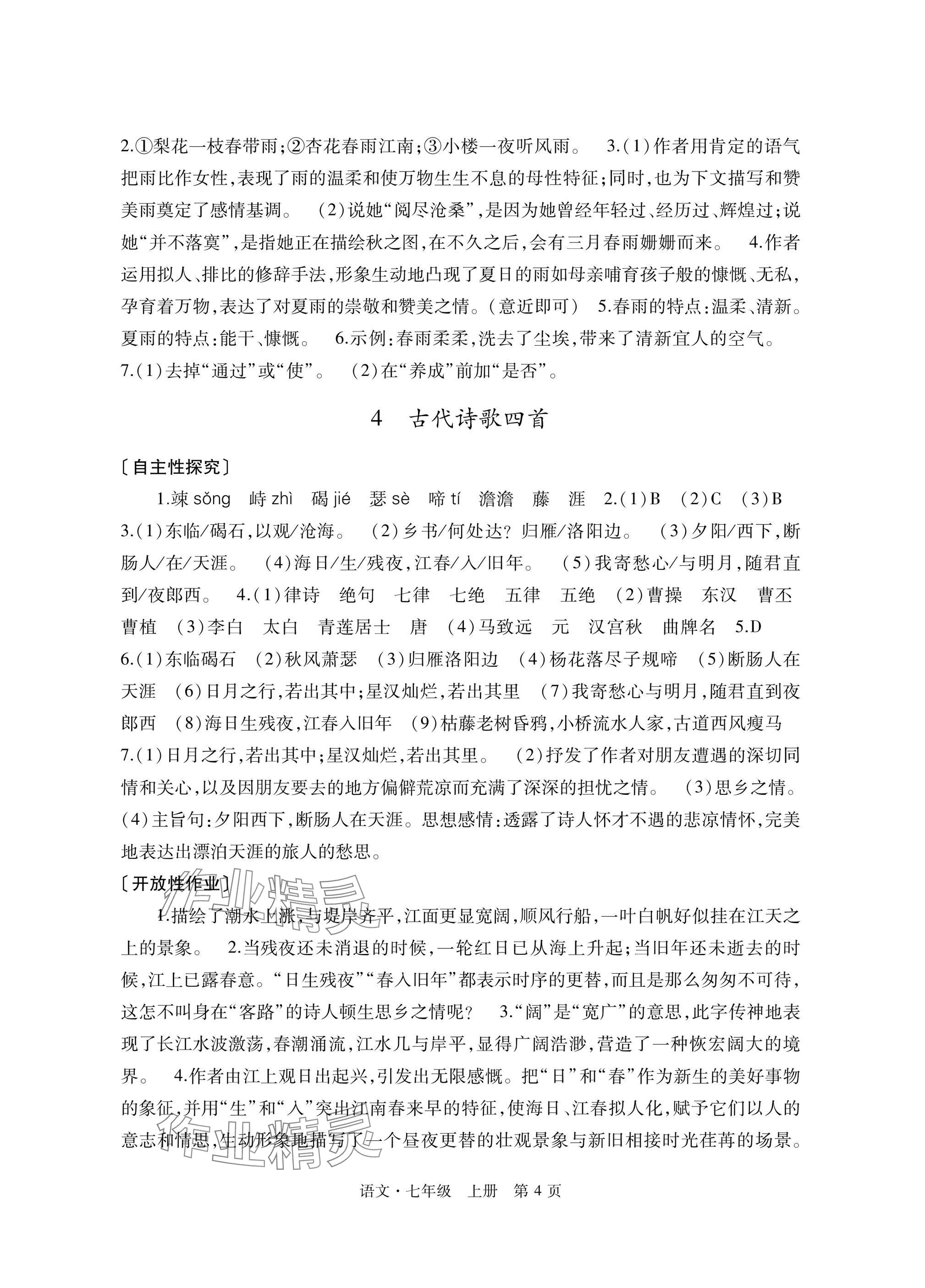 2025年自主学习指导课程与测试七年级语文上册人教版&nbsp;参考答案第4页