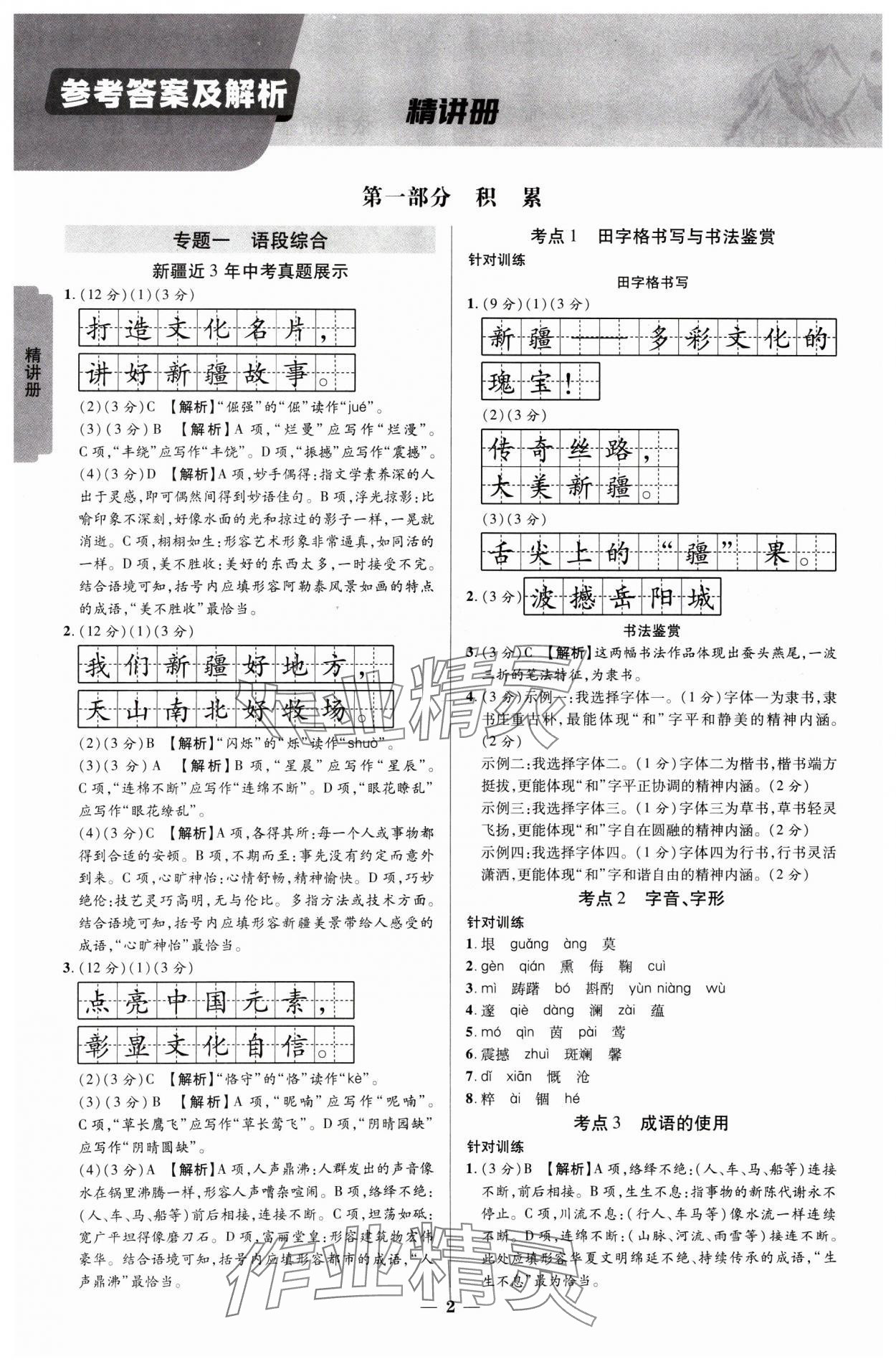 2025年中考新思路語文新疆專版 參考答案第1頁(yè)