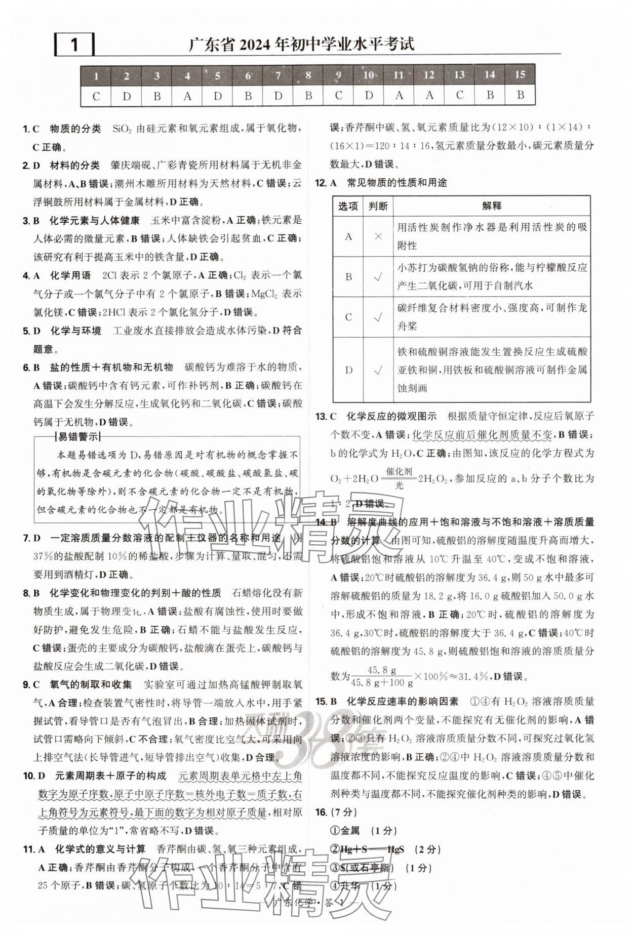 2025年天利38套中考試題精選化學廣東專版 參考答案第1頁