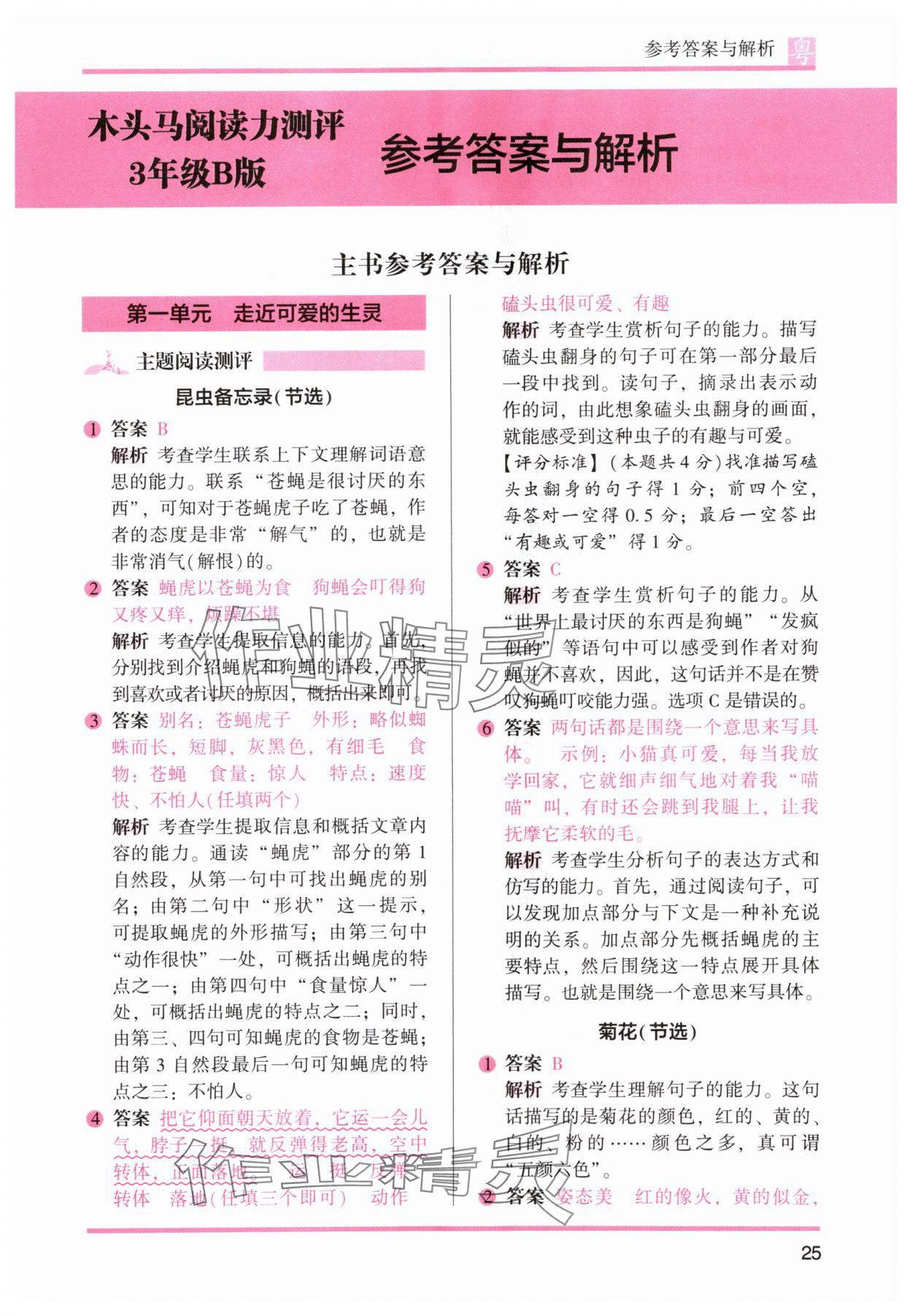 2024年木头马阅读力测评三年级语文下册人教版B版广东专版 参考答案第1页