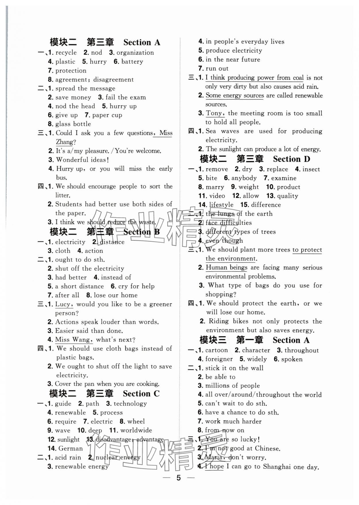 2024年陽光同學分層設計九年級英語全一冊人教版福建專版 參考答案第5頁