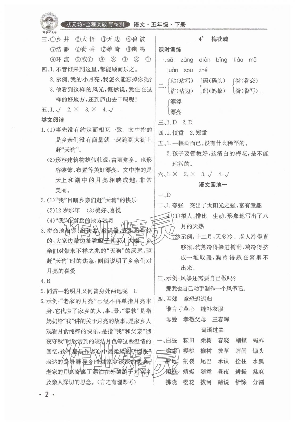 2025年?duì)钤蝗掏黄茖?dǎo)練測五年級語文下冊人教版佛山專版 參考答案第2頁