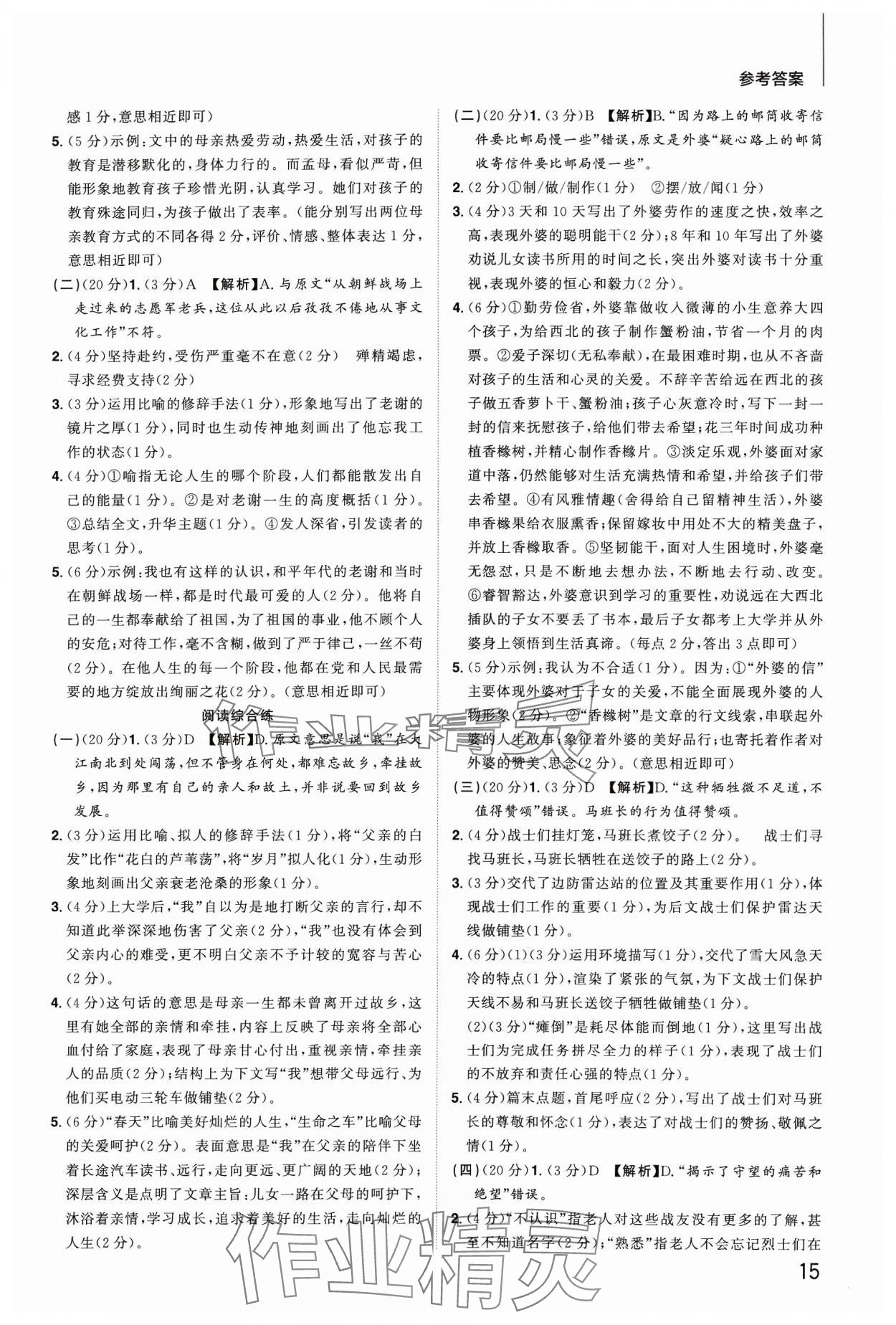 2024年陽光同學(xué)分層新中考語文福建專版 參考答案第15頁