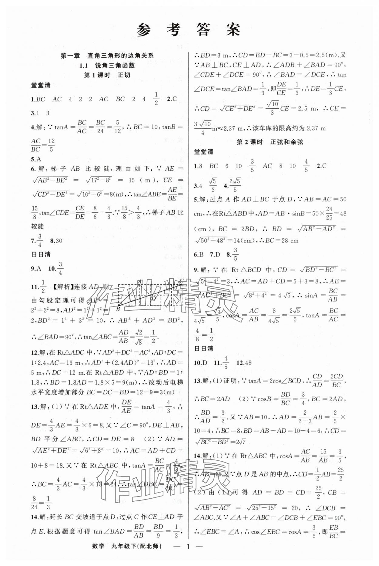 2024年四清导航九年级数学下册北师大版 第1页