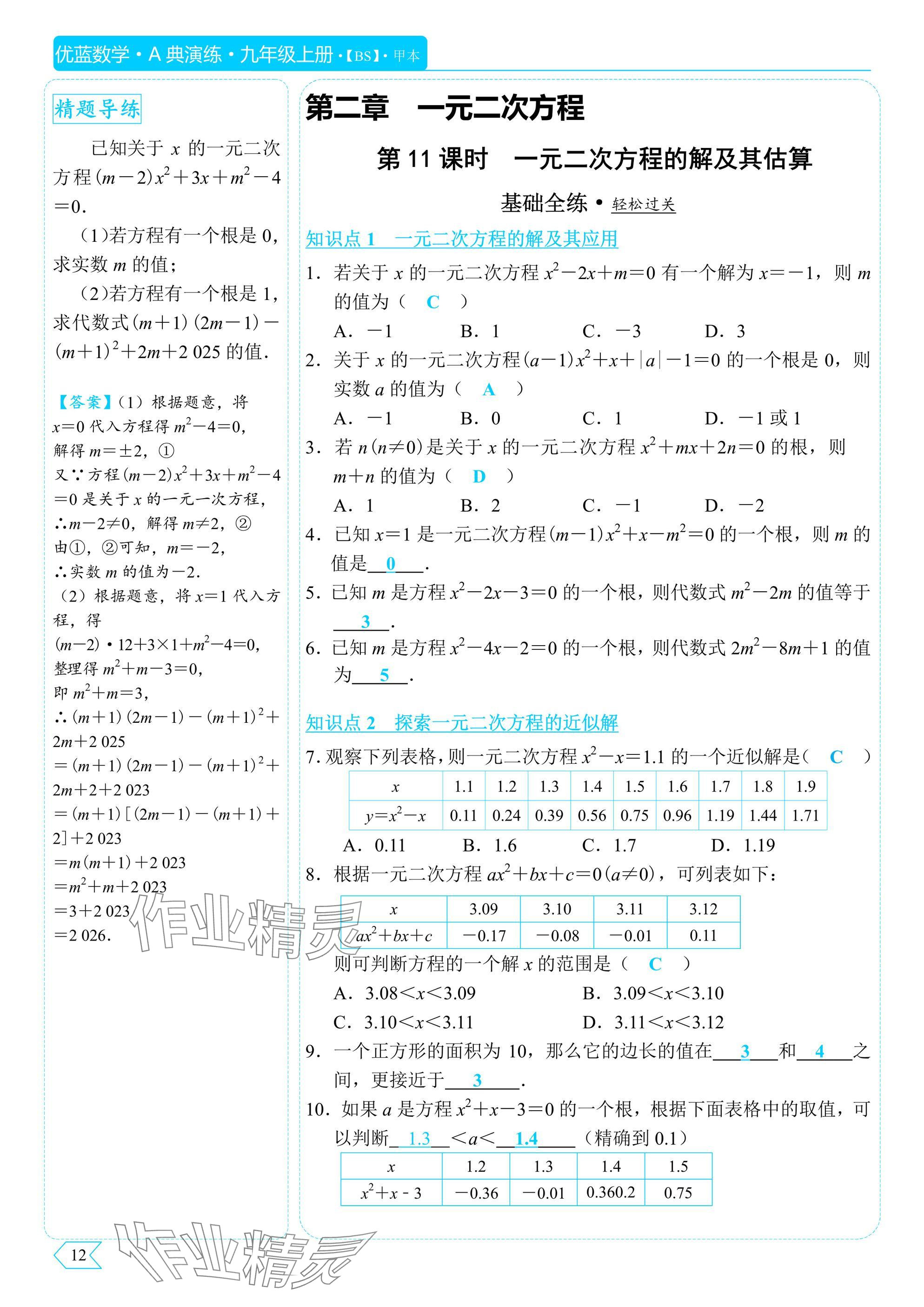 2025年A典演练九年级数学上册北师大版 参考答案第12页