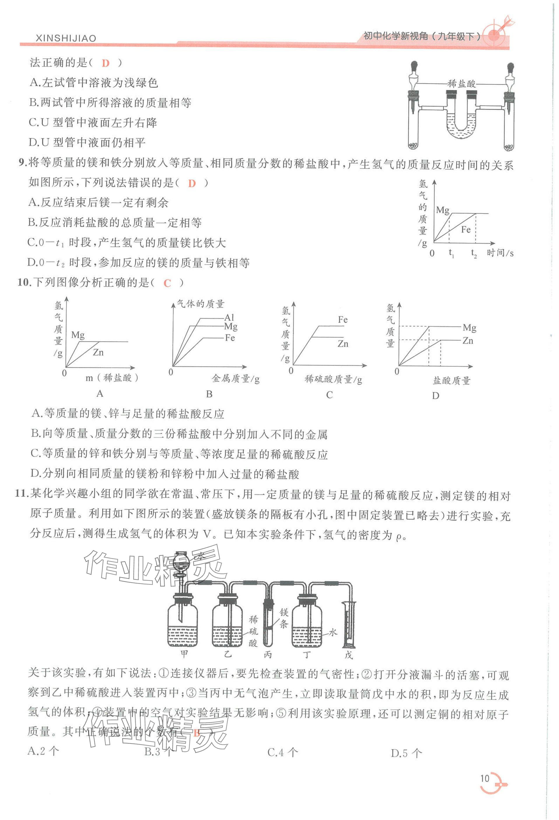2025年新視角教輔系列叢書化學(xué)九年級下冊人教版 參考答案第10頁