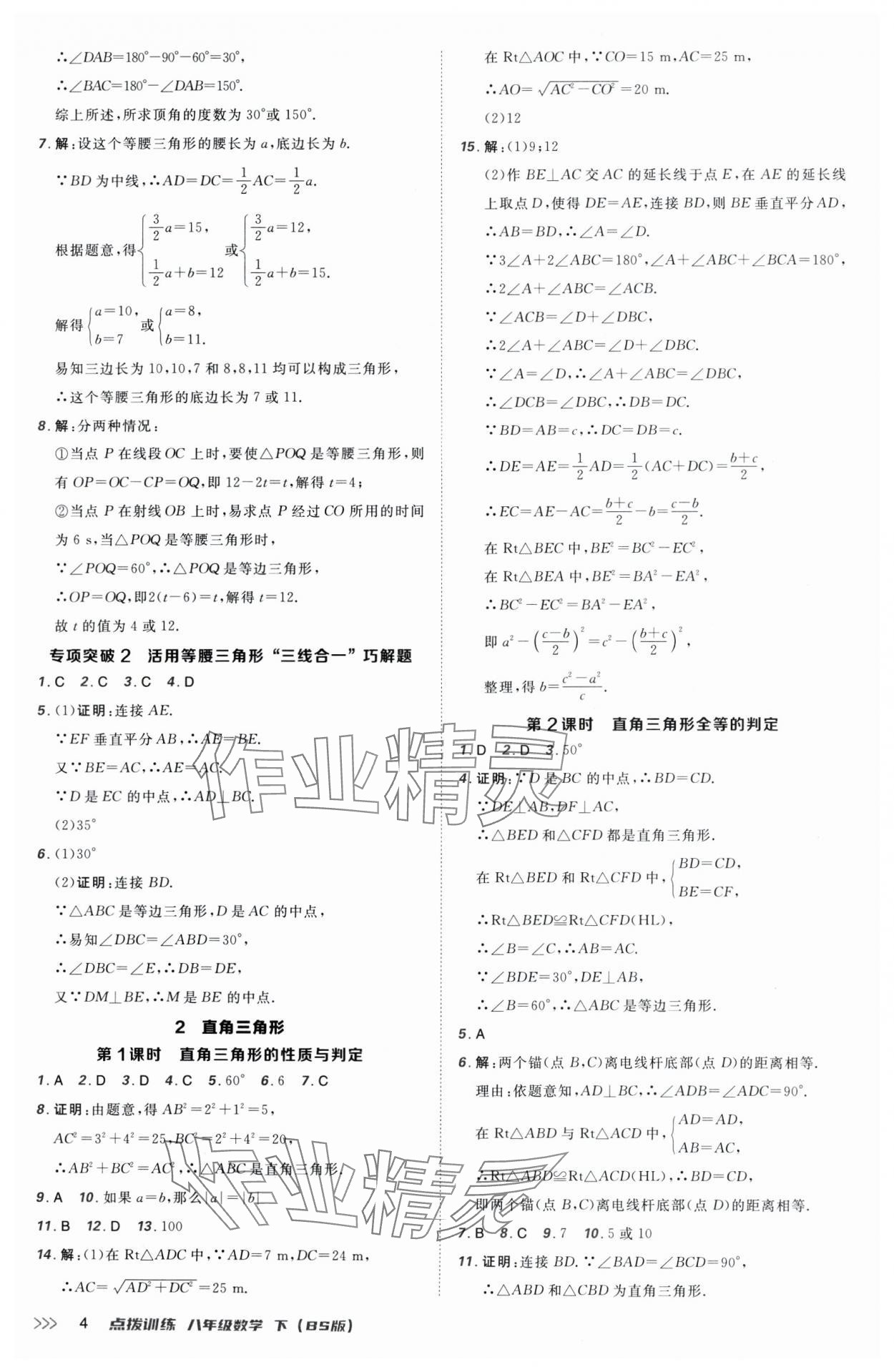2025年點撥訓(xùn)練八年級數(shù)學(xué)下冊北師大版 參考答案第4頁