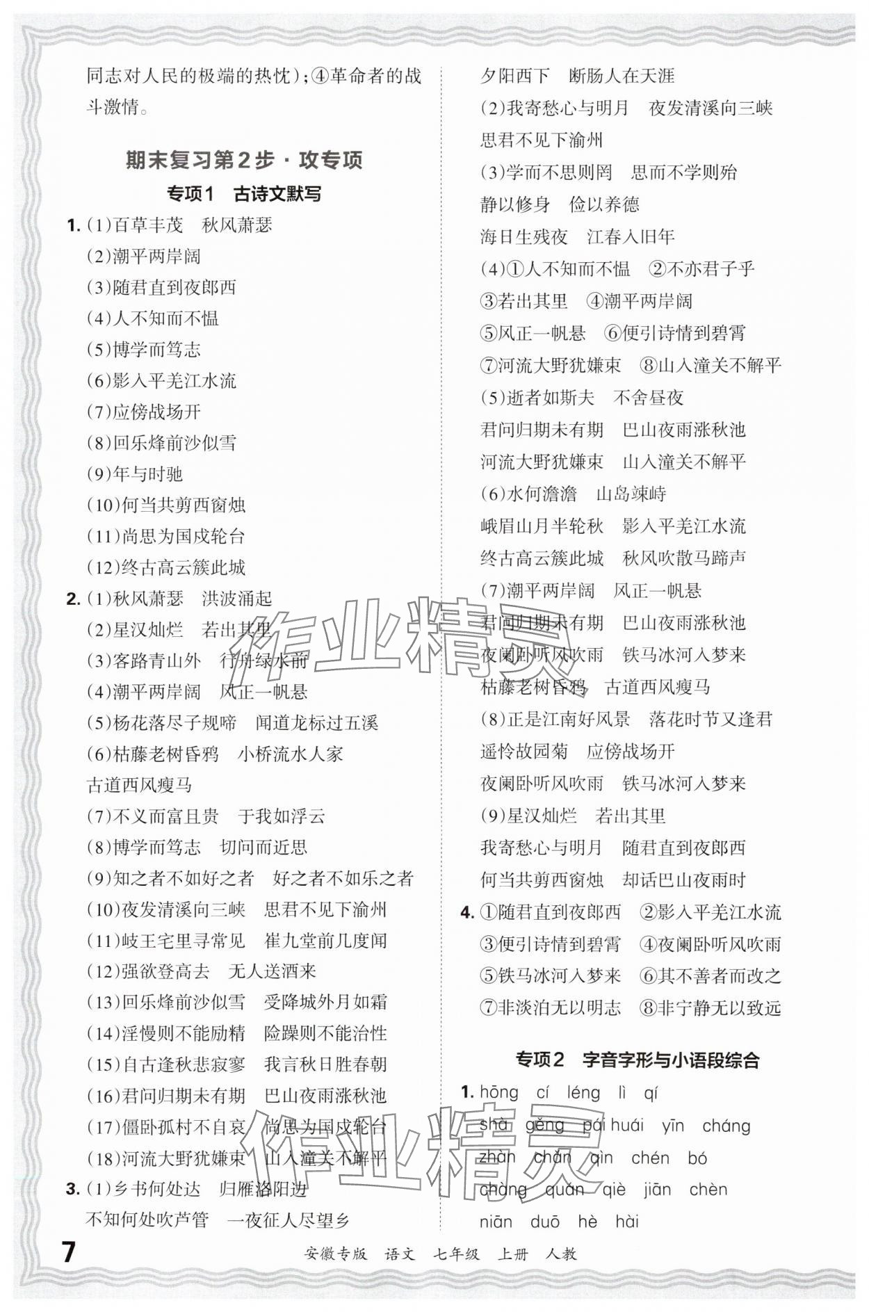 2024年王朝霞各地期末試卷精選七年級(jí)語文上冊(cè)人教版安徽專版 參考答案第7頁