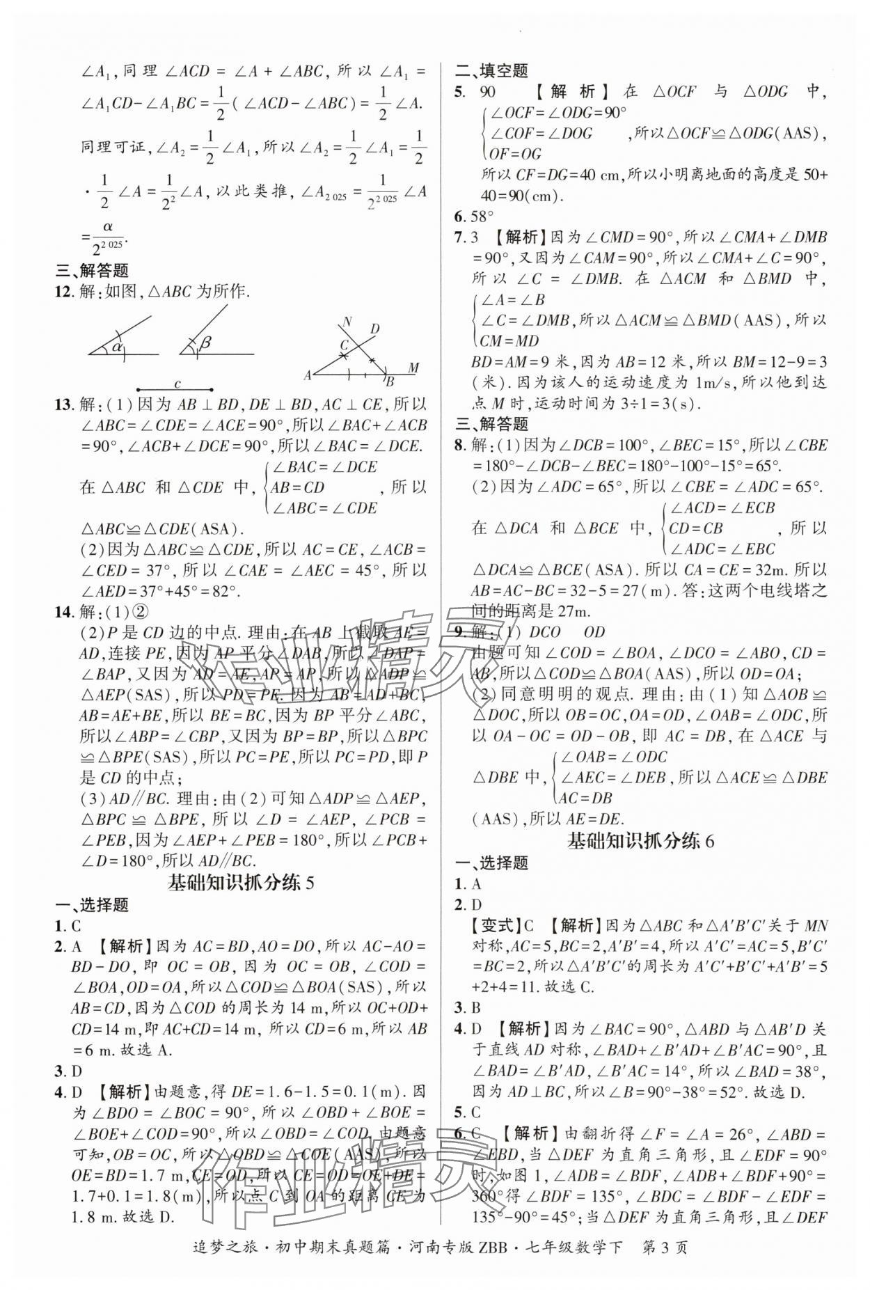 2025年追夢之旅初中期末真題篇七年級數學下冊北師大版河南專版 參考答案第3頁